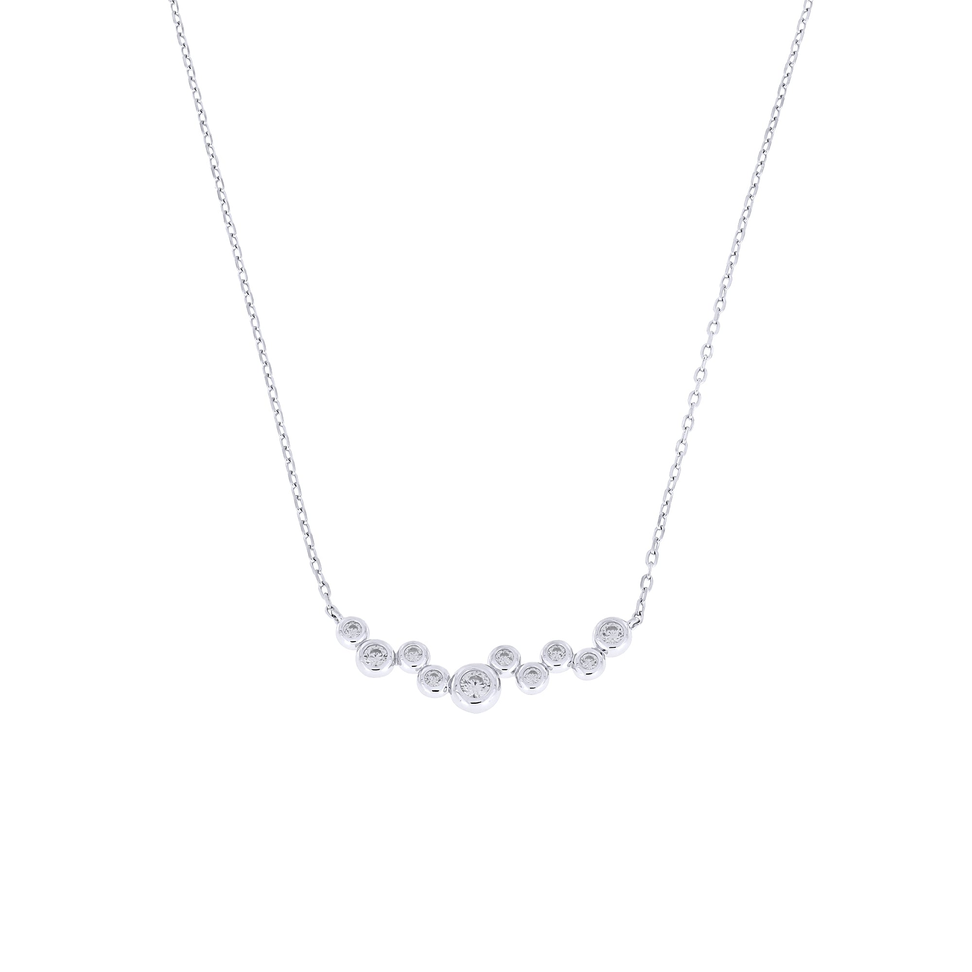 Delicate sterling silver necklace featuring a cluster of sparkling cubic zirconia stones arranged in a subtle linear design, adjustable for versatile wear.