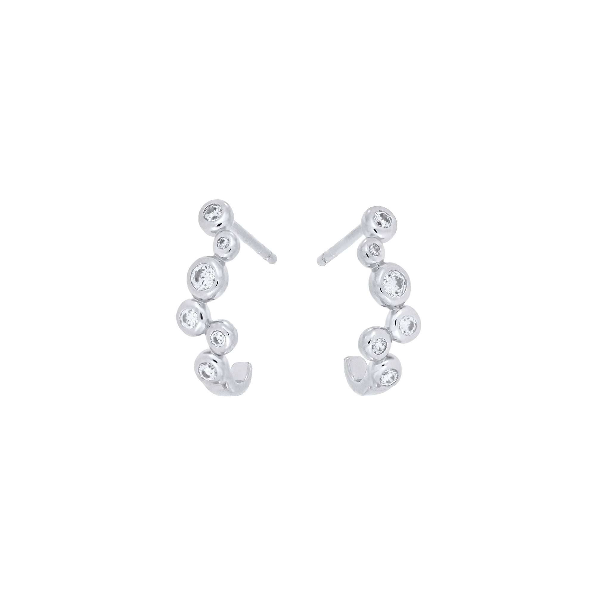 Pair of sterling silver half hoop earrings featuring a cluster of sparkling cubic zirconia stones, exemplifying expert British craftsmanship and contemporary fine jewellery design.