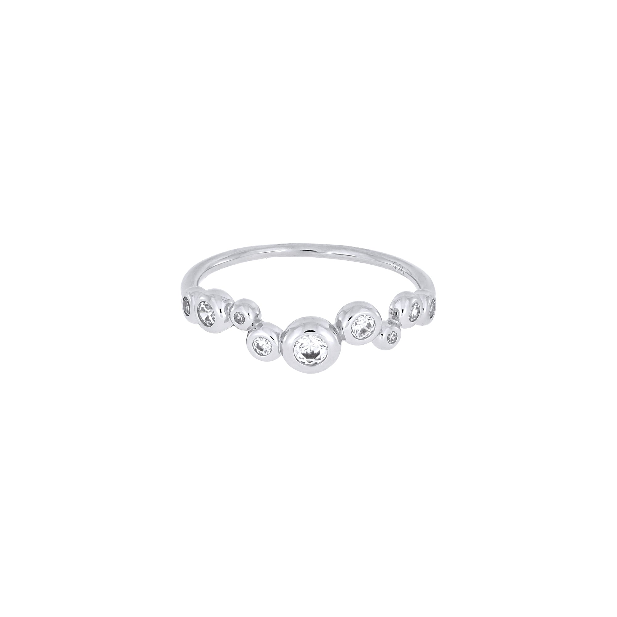 Delicate sterling silver ring featuring a cluster of bezel-set cubic zirconia bubbles in varying sizes, showcasing contemporary British craftsmanship.