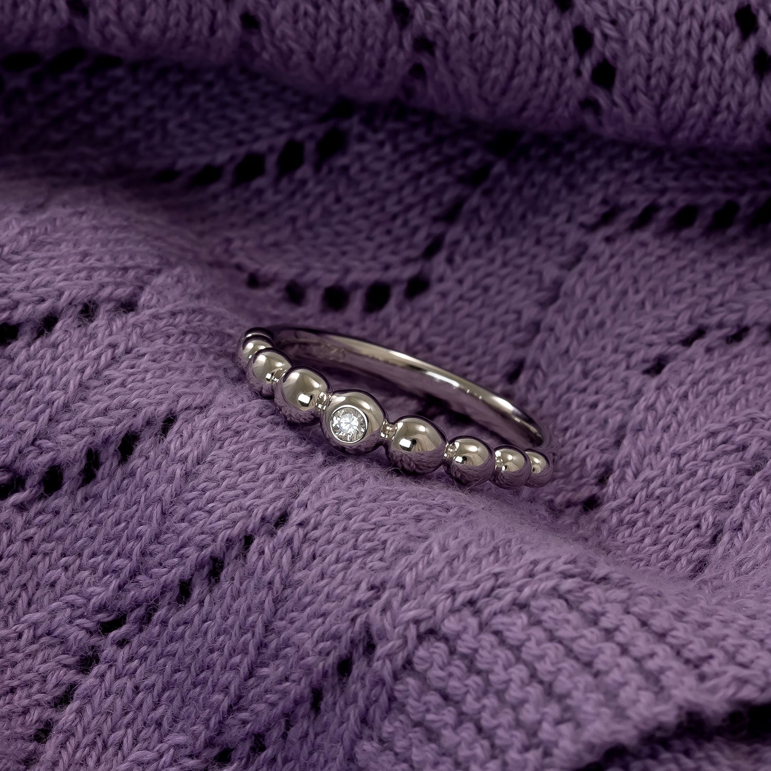 Silver Beaded Ring with Cubic Zirconia