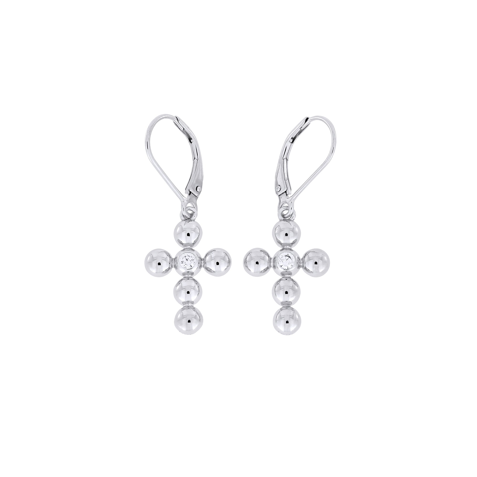 Pair of sterling silver drop earrings featuring beaded cross designs accented with sparkling cubic zirconia stones, combining sculptural elegance with refined British craftsmanship.