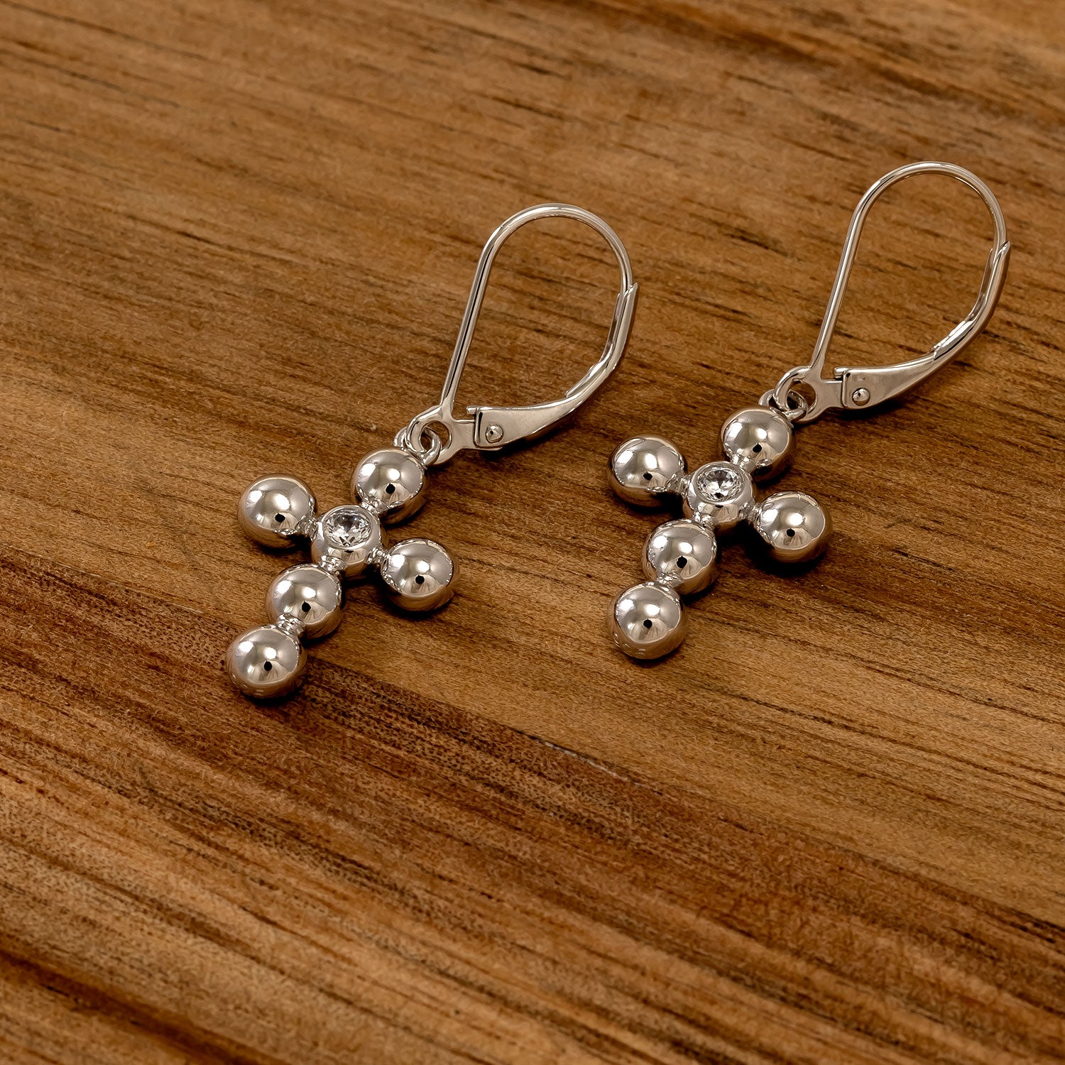 Silver Beaded Cross Drop Earrings with Cubic Zirconia