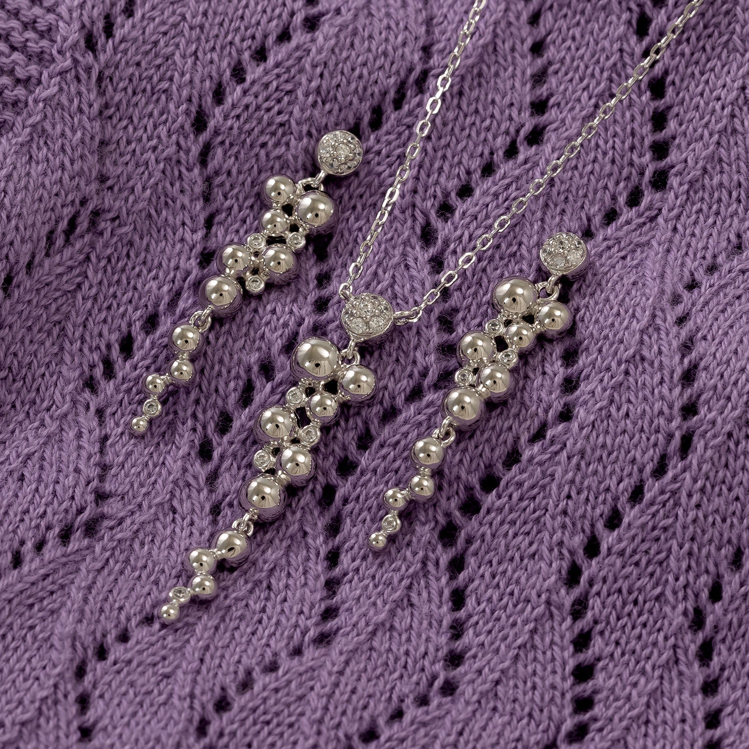 Silver Beaded Waterfall Drop Earrings with Cubic Zirconia