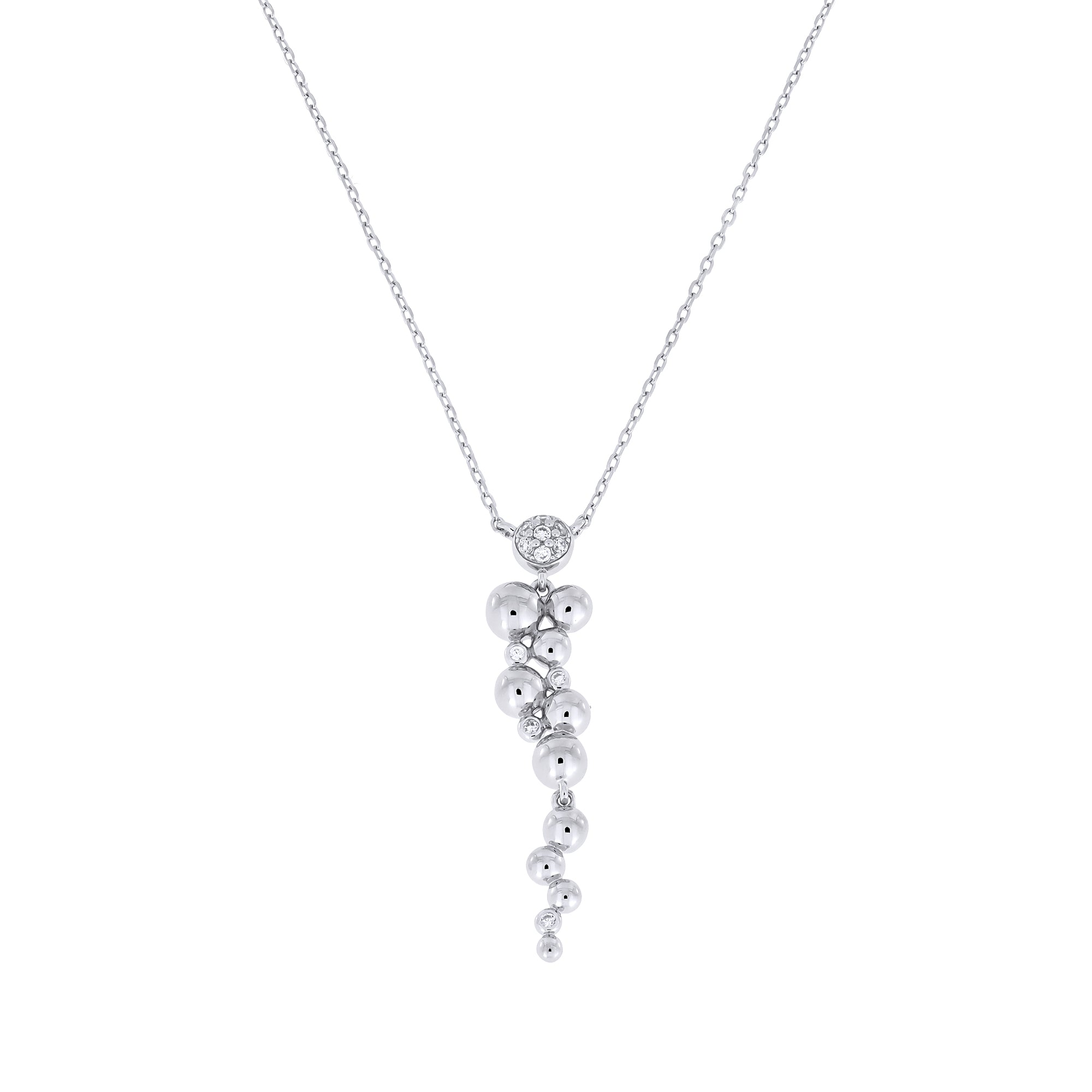 Sterling silver necklace featuring a sculptural beaded waterfall pendant accented with small cubic zirconia stones, combining contemporary design with refined elegance.