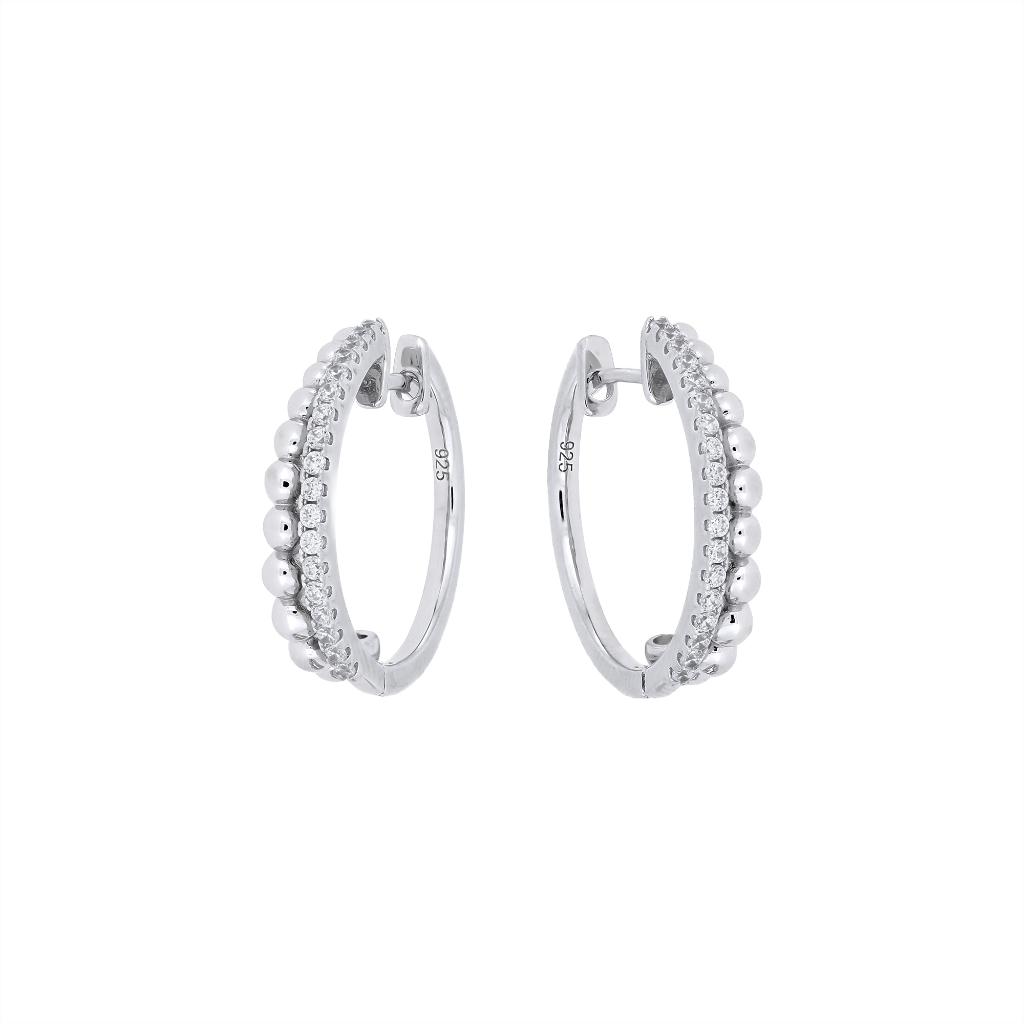 Pair of sterling silver double hoop earrings featuring a row of polished beads alongside a line of sparkling cubic zirconia, showcasing refined British craftsmanship.