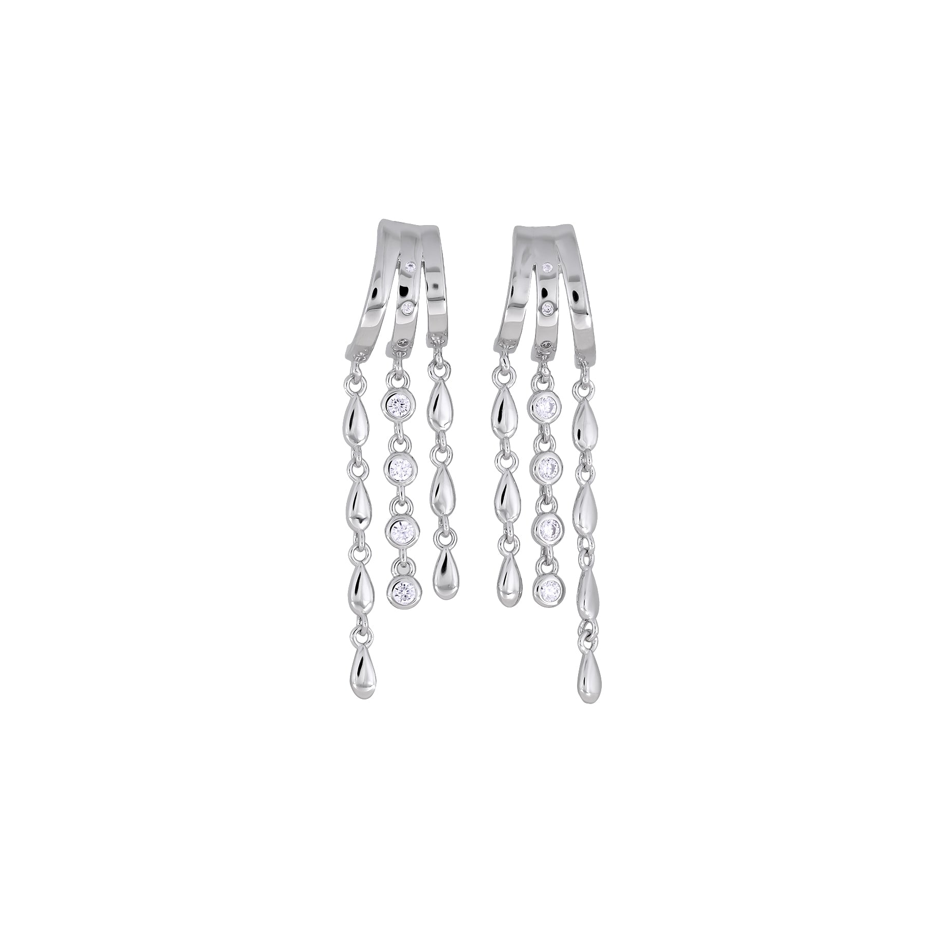 Elegant sterling silver drop earrings featuring three dangling strands with alternating polished raindrop shapes and clear stones, showcasing sculptural British design.