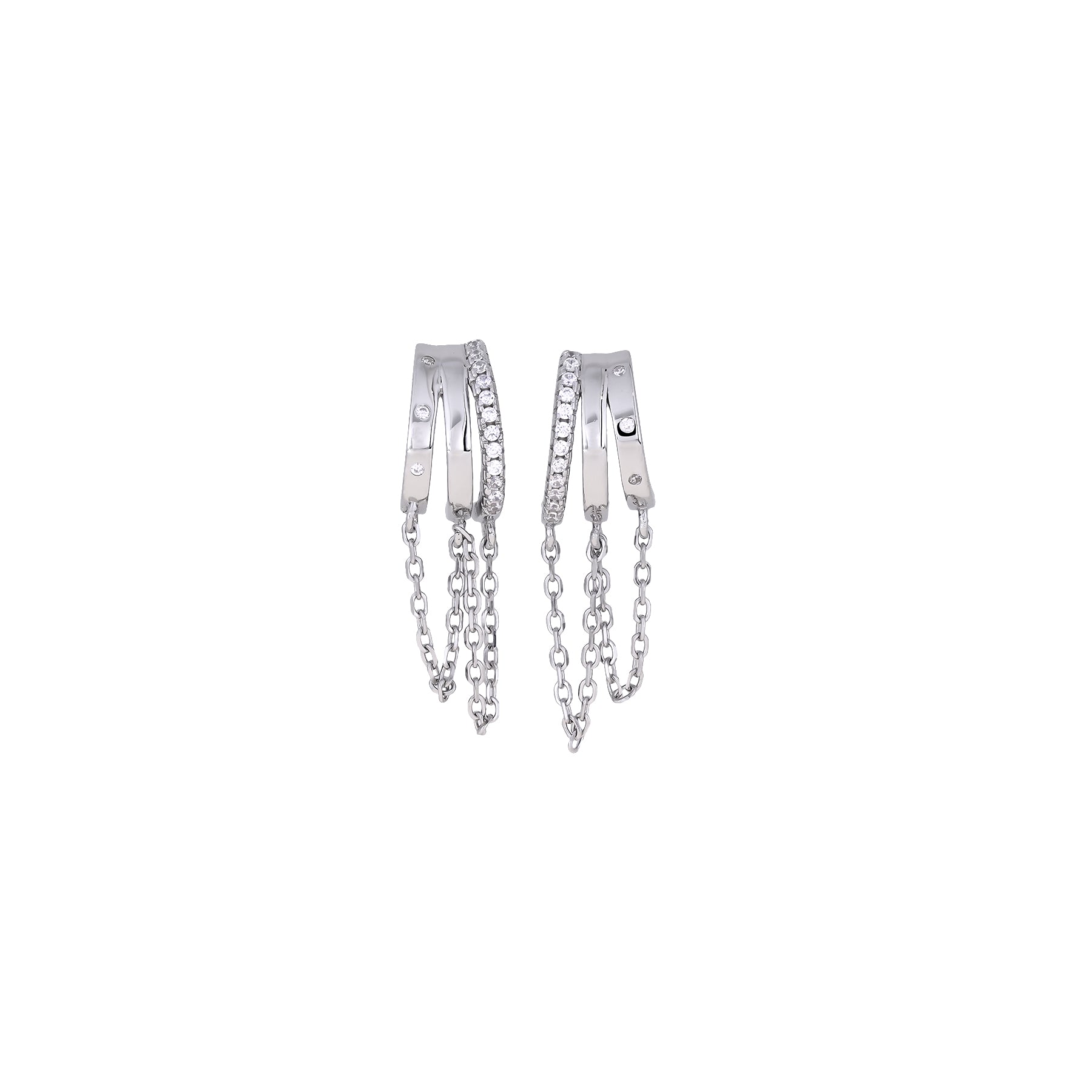 Pair of sterling silver hoop earrings featuring dual bands with one set of sparkling stones and delicate hanging chains, showcasing refined British silver jewellery design.