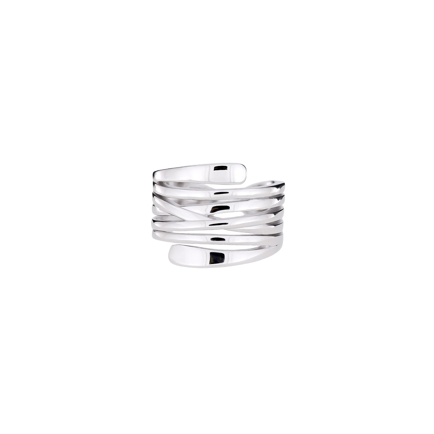 Sterling silver adjustable wraparound ring featuring layered bands with a polished finish, showcasing a contemporary sculptural design by Azendi.