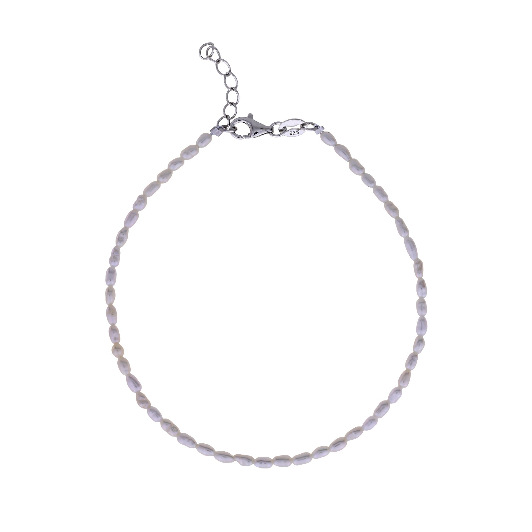Delicate sterling silver bracelet featuring a string of freshwater seed pearls with an adjustable clasp, embodying refined British silver jewellery design.