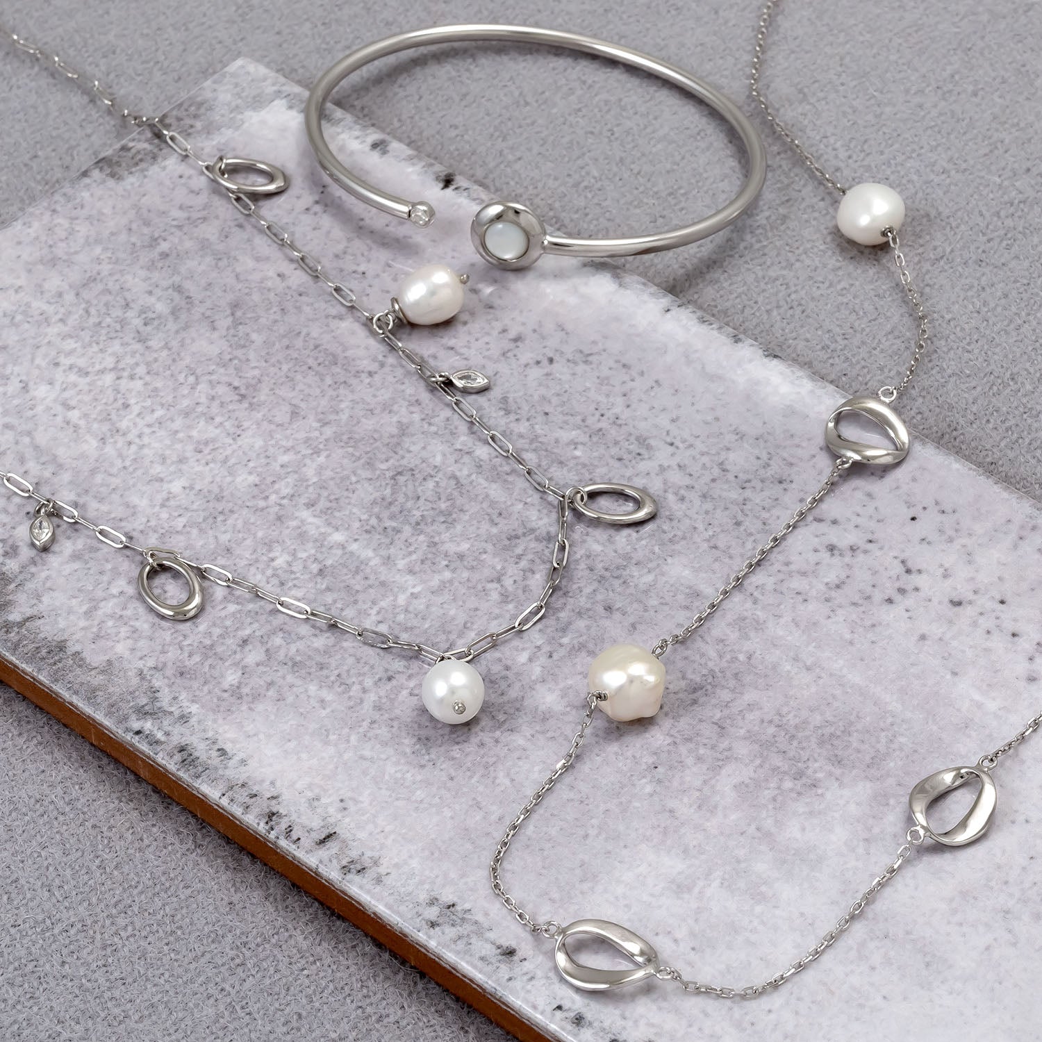 Sterling Silver Open Ovals & Freshwater Baroque Pearls Long Necklace