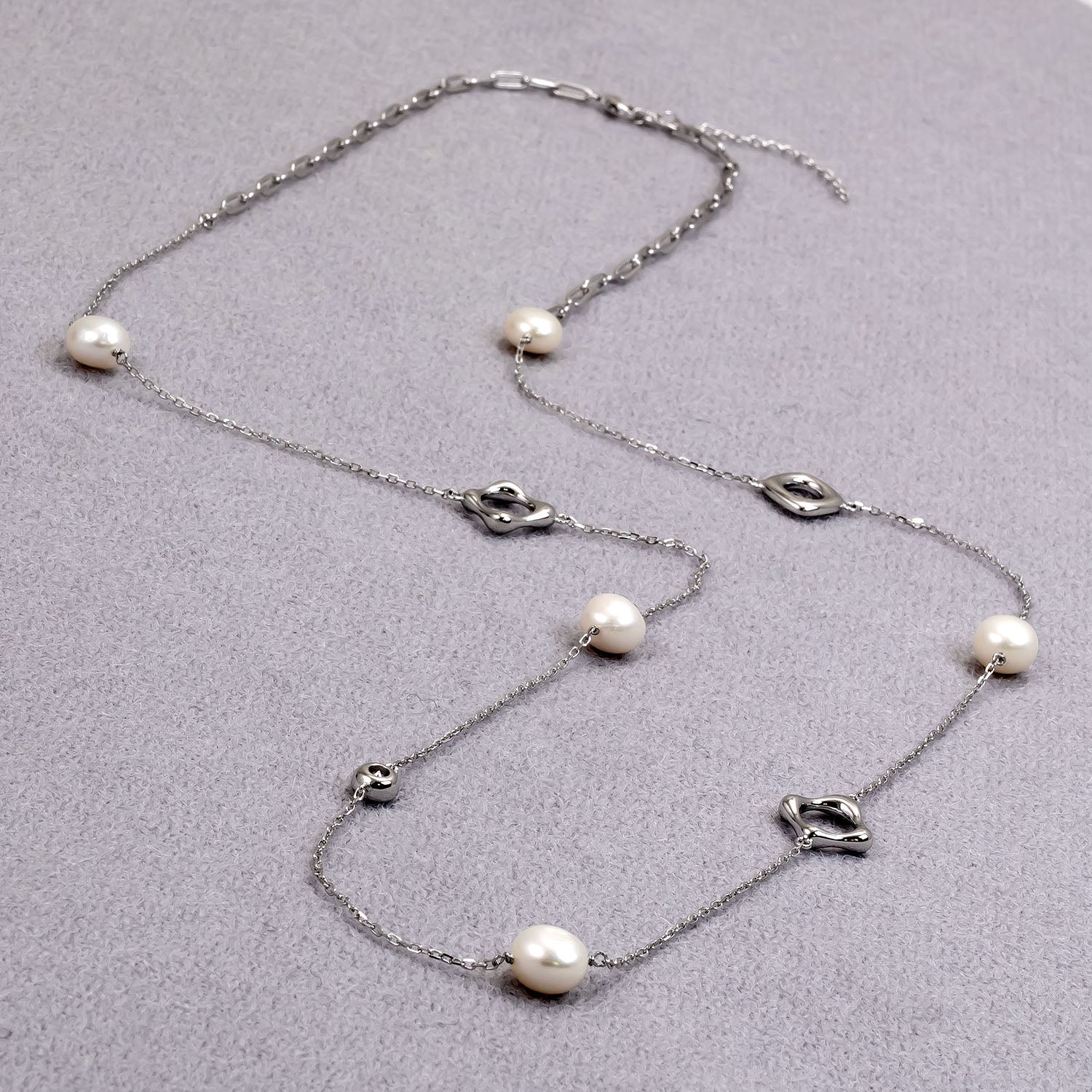 Sterling Silver Open Shapes & Freshwater Baroque Pearl Long Necklace