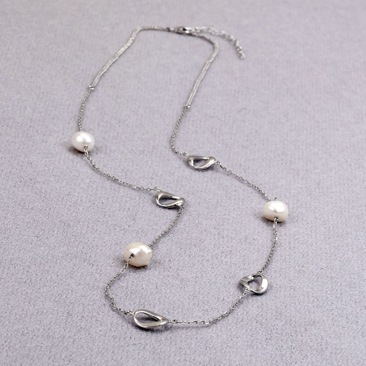 Sterling Silver Open Ovals & Freshwater Baroque Pearls Long Necklace
