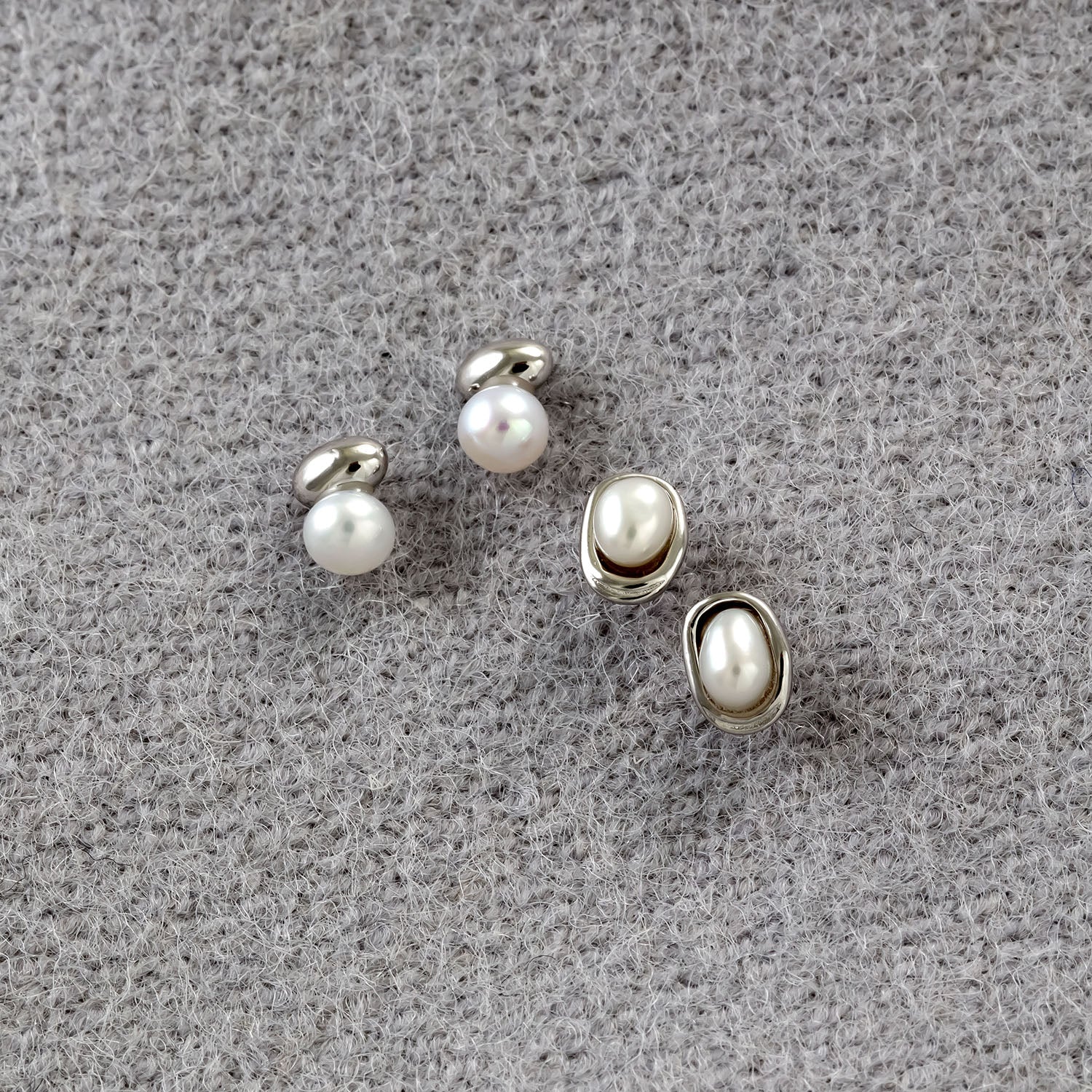 Sterling Silver Pebble and Rounded Freshwater Pearl Stud Earrings