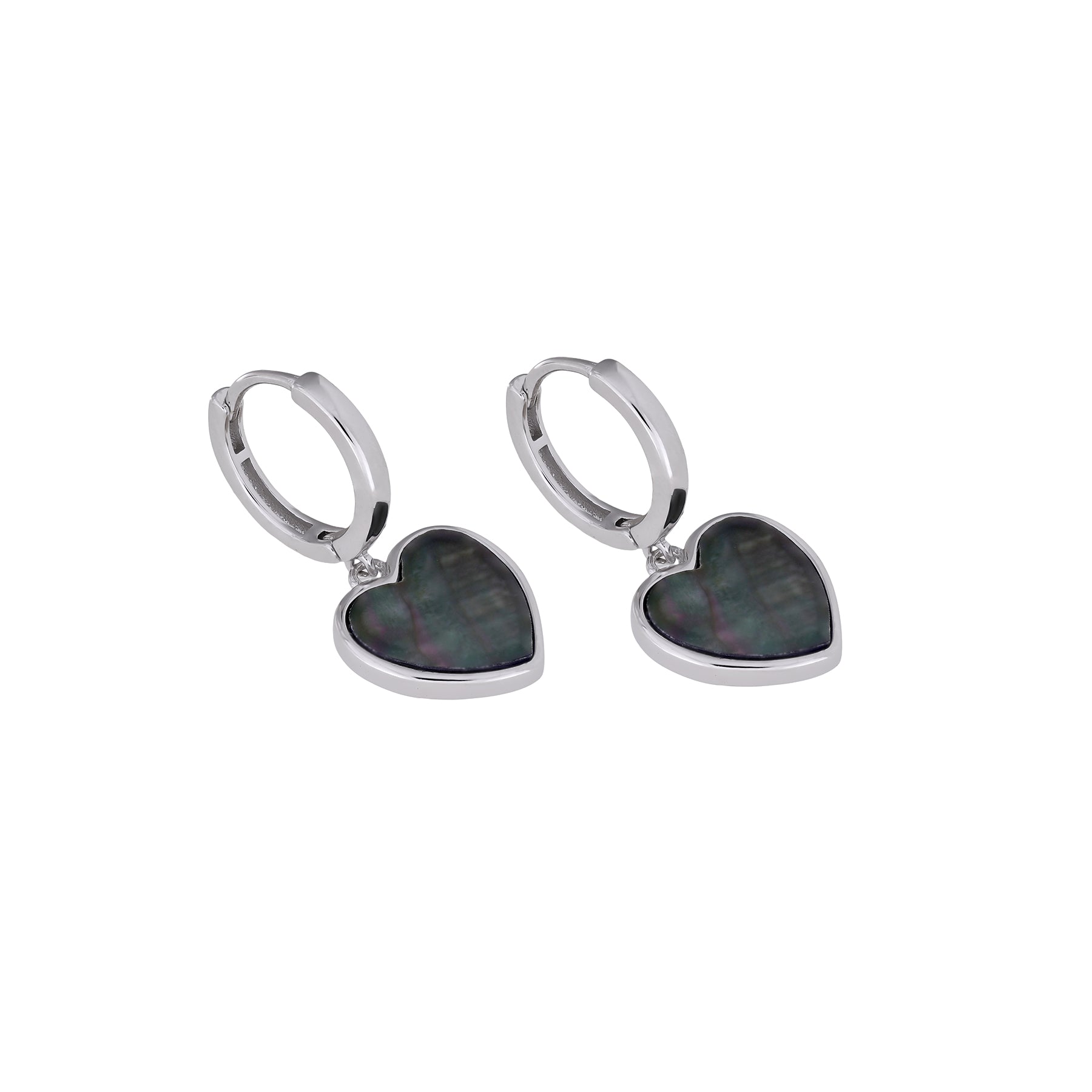 Pair of sterling silver hoop earrings featuring heart-shaped charms in grey mother of pearl, combining elegant sculptural design with contemporary silver jewellery by Azendi.