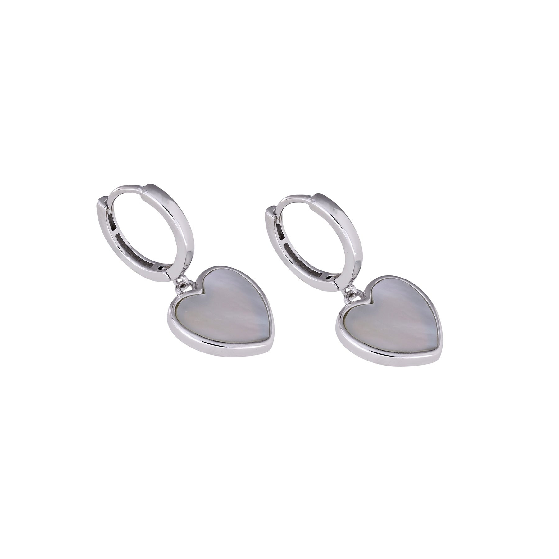 Pair of sterling silver hoop earrings featuring sculptural white mother of pearl heart charms, showcasing elegant and contemporary silver jewellery design by Azendi.