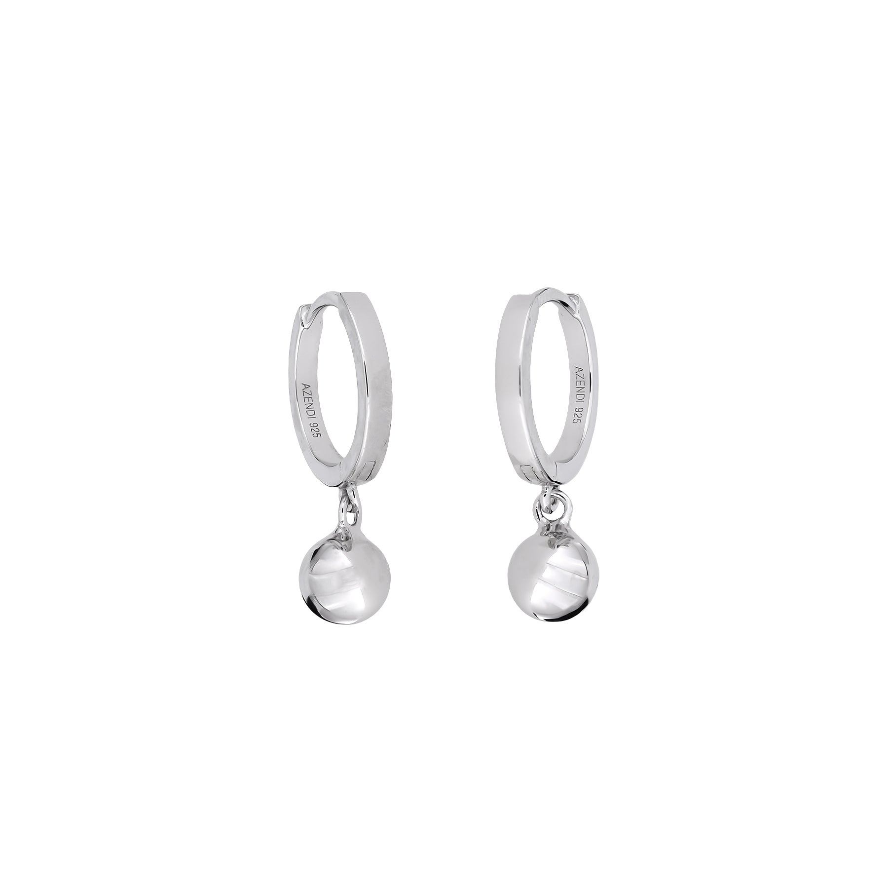 Pair of sterling silver hinge hoop earrings accented with polished silver ball charms, showcasing a sleek, minimalist design in contemporary British silver jewellery.