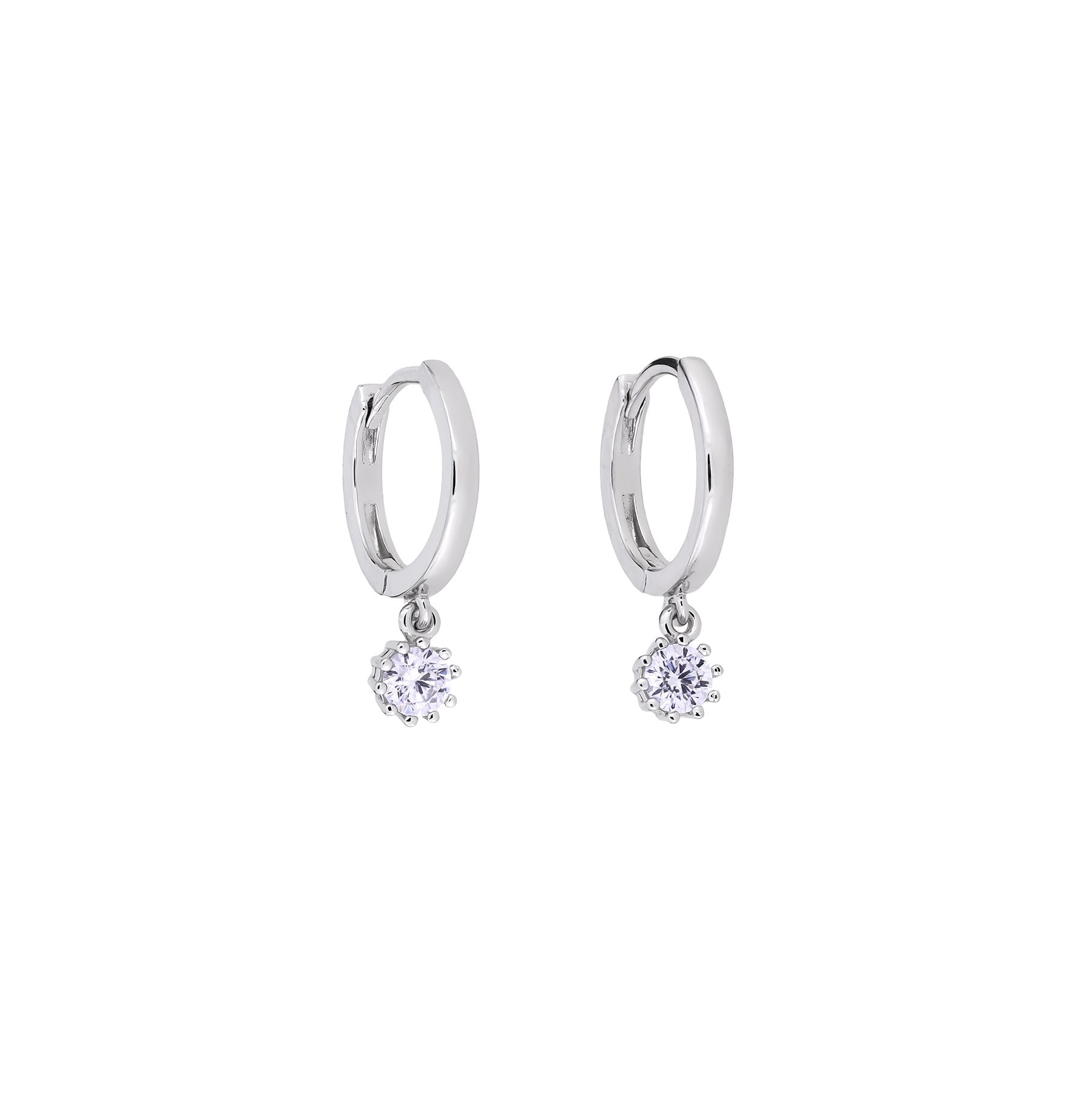 Polished sterling silver hinge hoop earrings featuring a single brilliant stone charm that dangles elegantly, showcasing refined British sterling silver design.