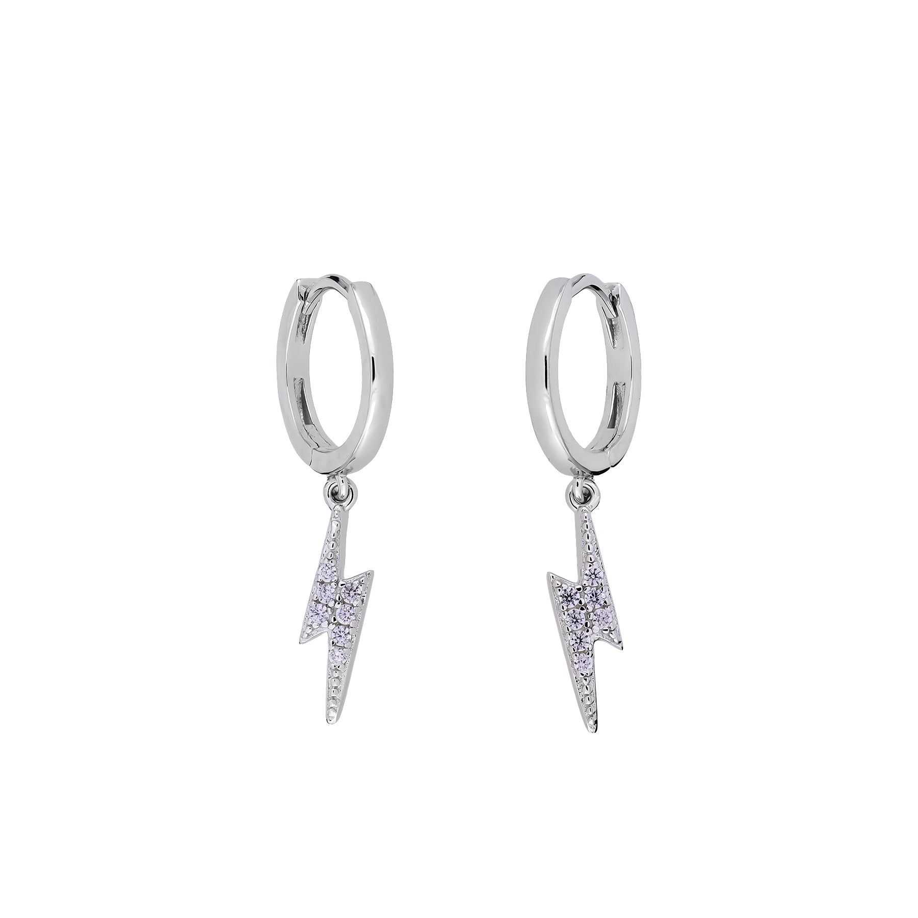Pair of sterling silver hoop earrings featuring hinged design with suspended lightning bolt charms encrusted with sparkling stones for a contemporary, edgy look.