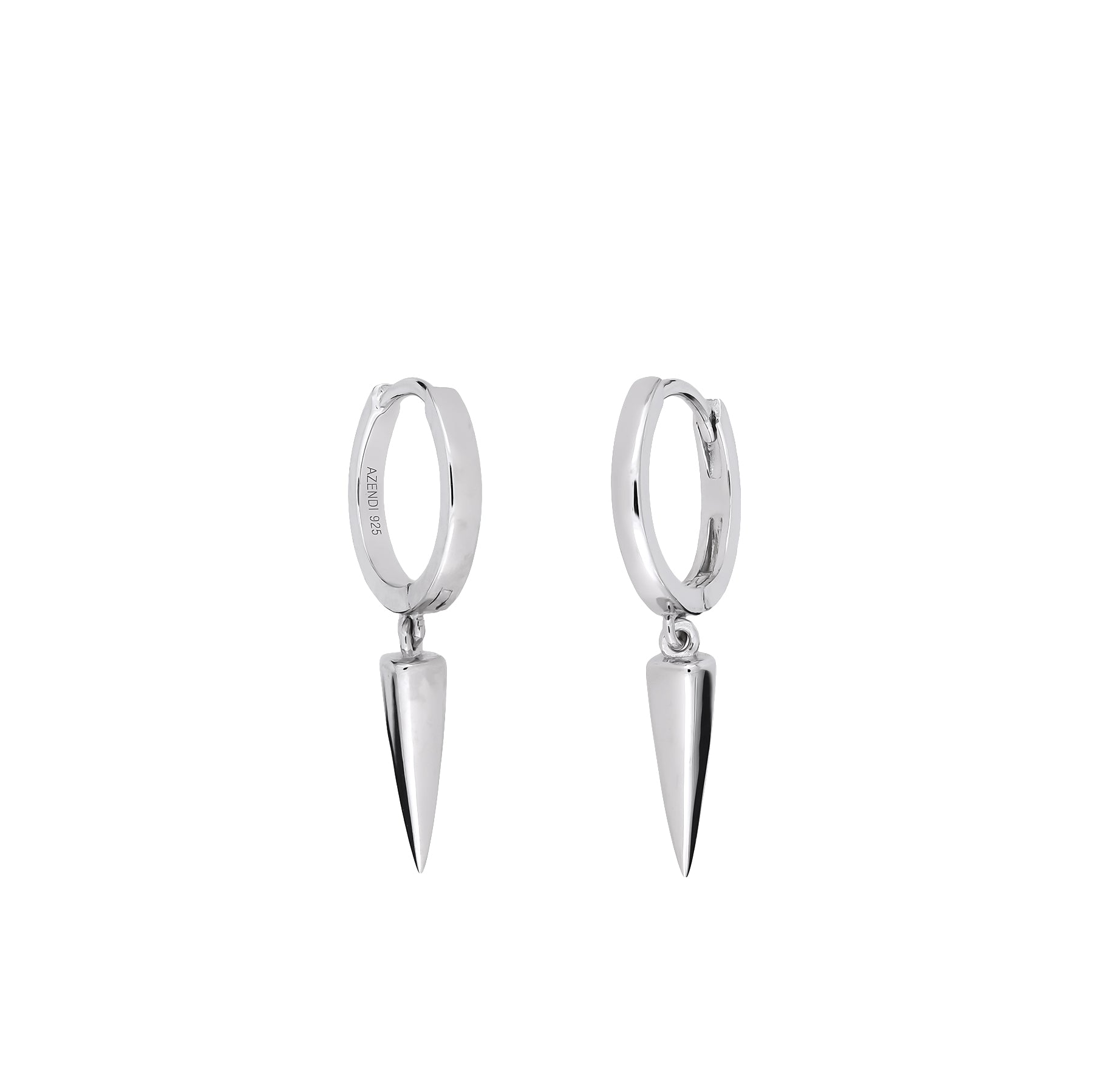 Pair of sterling silver hoop earrings featuring hinged closures and sleek spike-shaped charms, showcasing a contemporary, edgy design in fine silver jewellery.