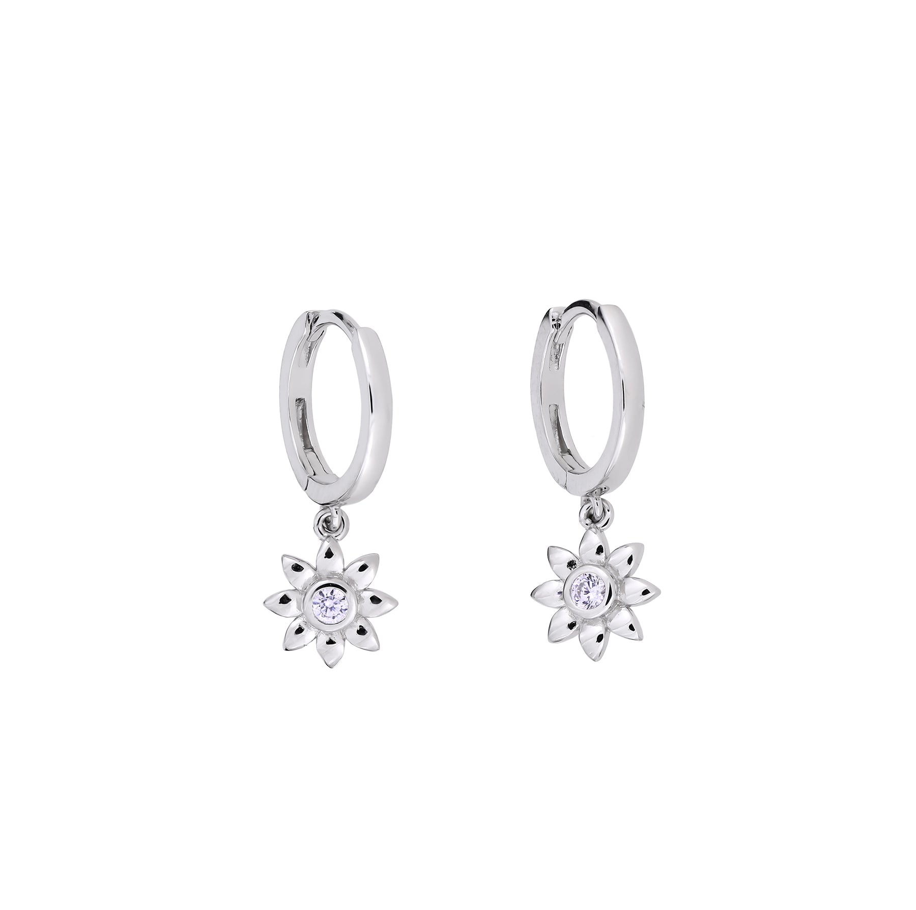 Sterling silver hoop earrings featuring hinged closures and delicate flower-shaped charms with central sparkling stones, embodying refined modern elegance in silver jewellery.