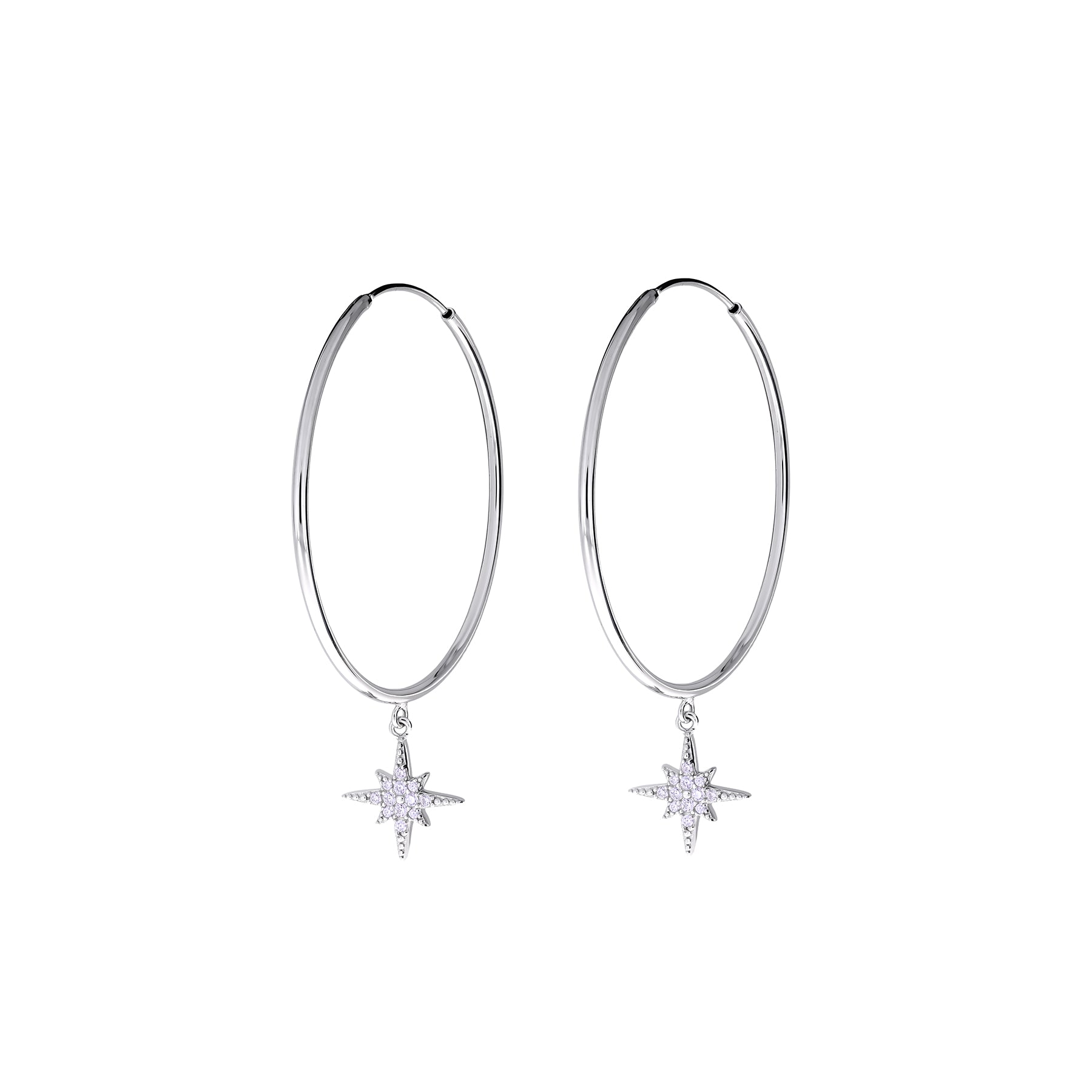 Slim sterling silver hoop earrings featuring delicate North Star charms adorned with sparkling stones, showcasing refined British design in contemporary silver jewellery.