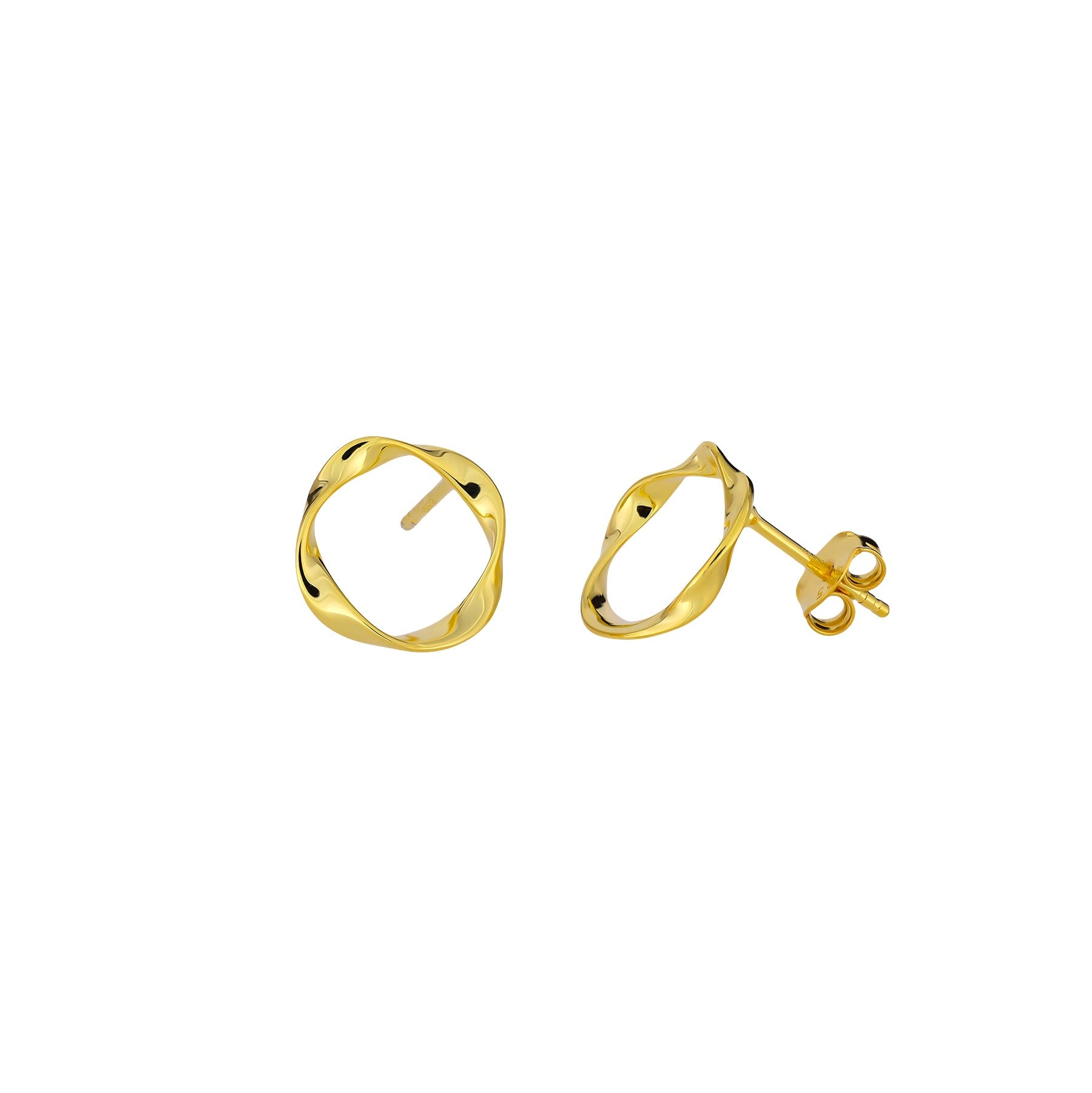 Pair of gold vermeil stud earrings featuring an elegant twisting circle design with a polished finish, exemplifying contemporary sterling silver jewellery craftsmanship.