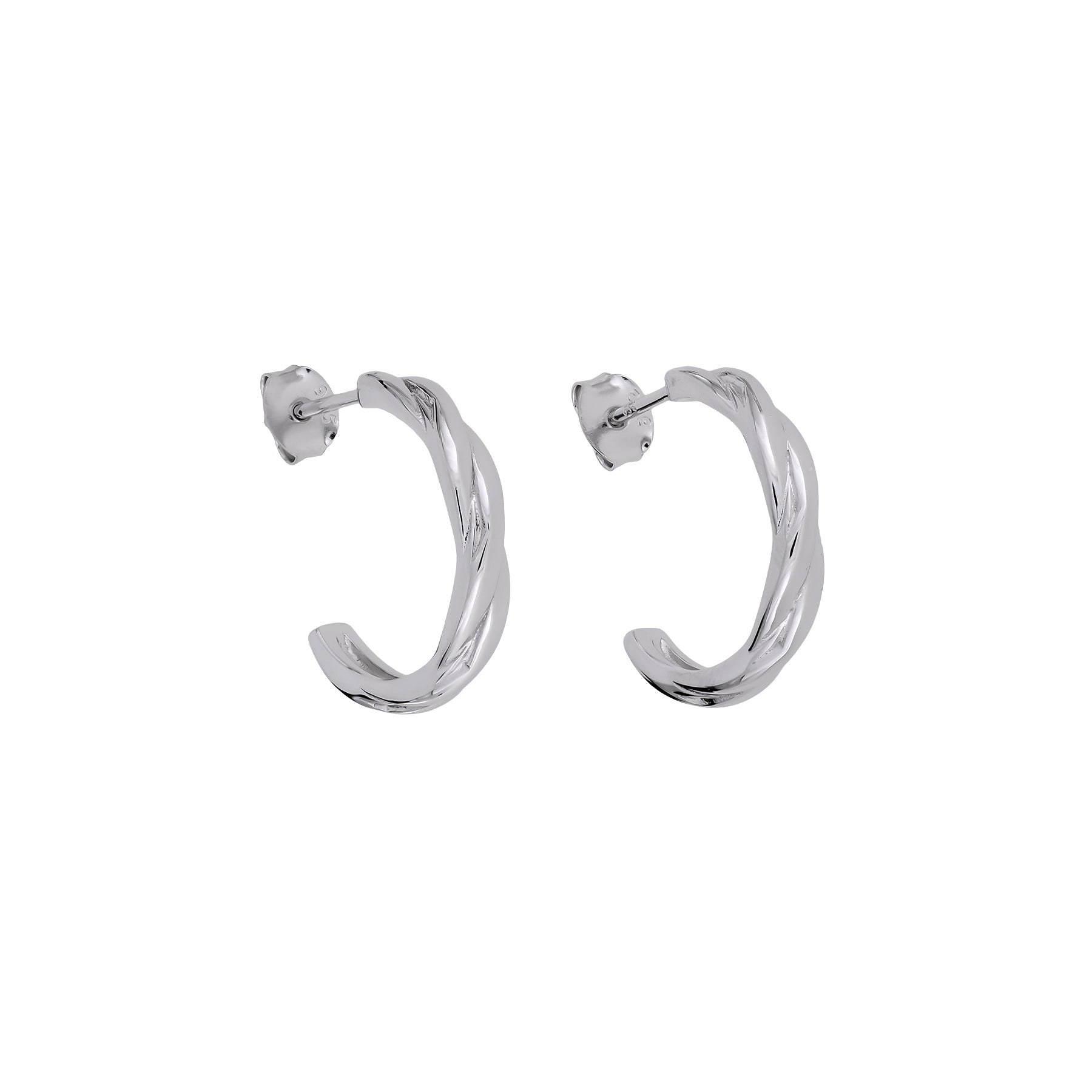 Pair of sterling silver hoops featuring an interlaced twisting design with a polished finish, showcasing elegant and sculptural silver jewellery craftsmanship.