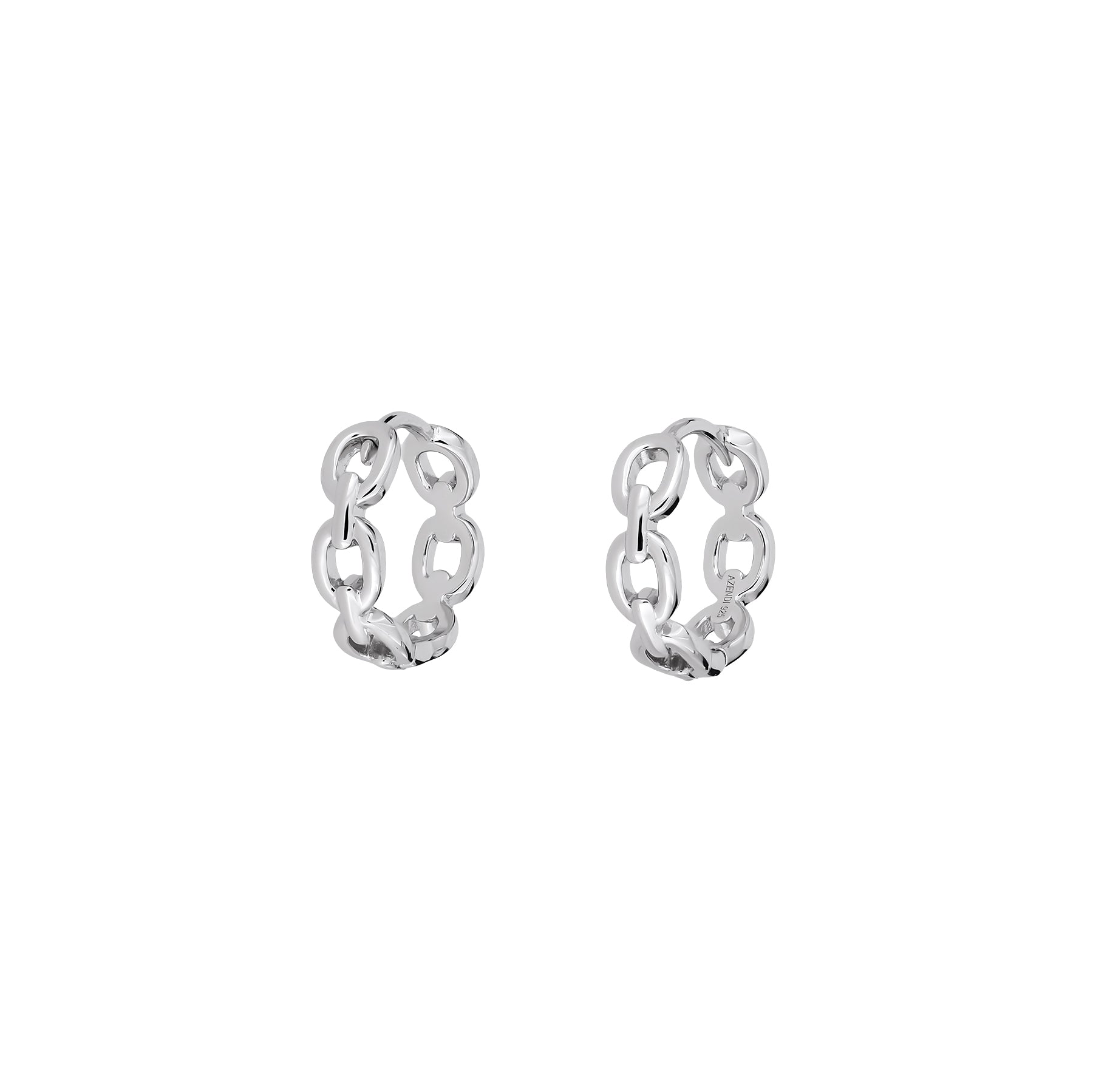 Pair of polished sterling silver hoop earrings crafted from interconnected chain links, showcasing a bold yet refined design in contemporary British silver jewellery.