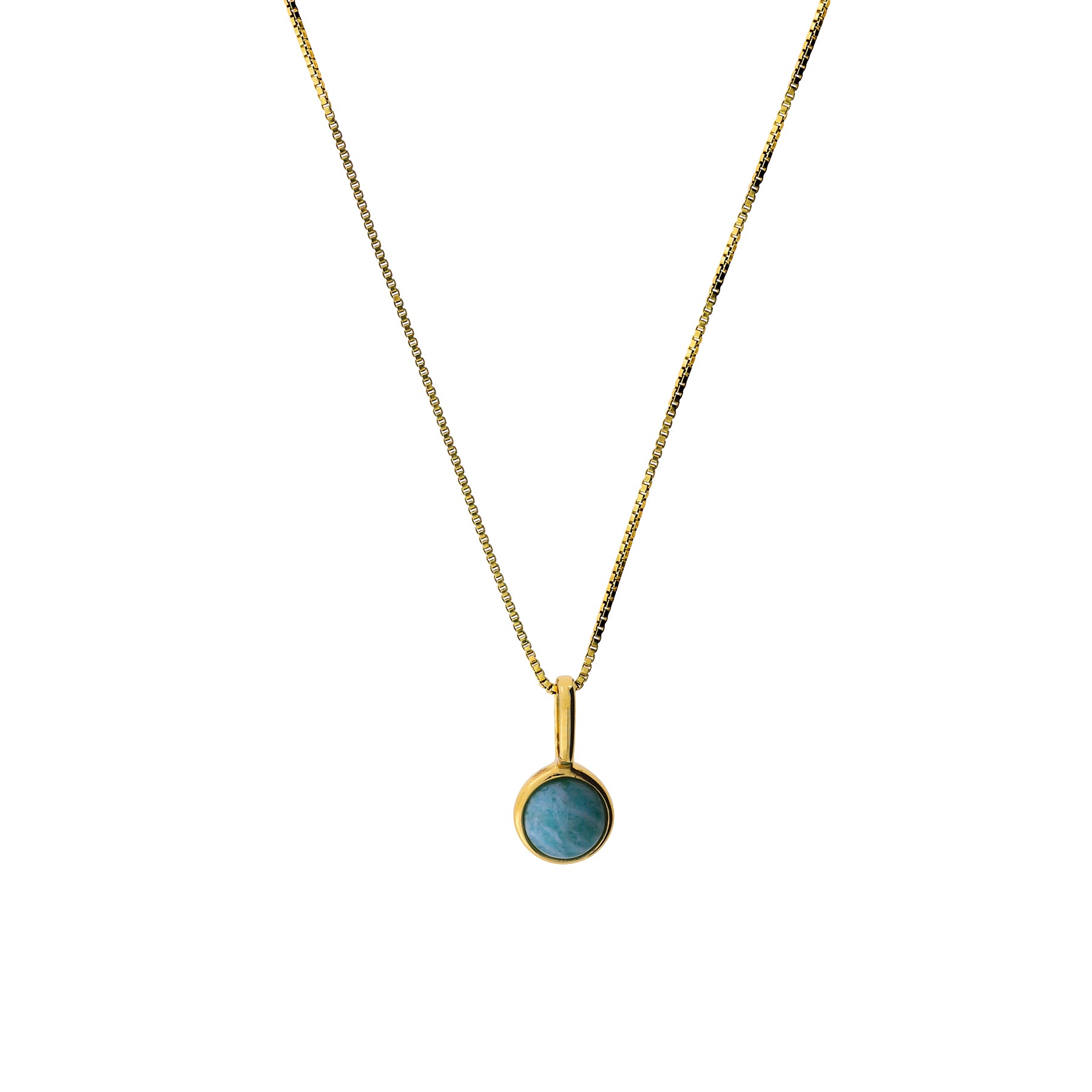 Delicate gold vermeil pendant featuring a polished amazonite stone set in a simple circular frame, suspended from a fine chain for an elegant, contemporary silver jewellery piece.