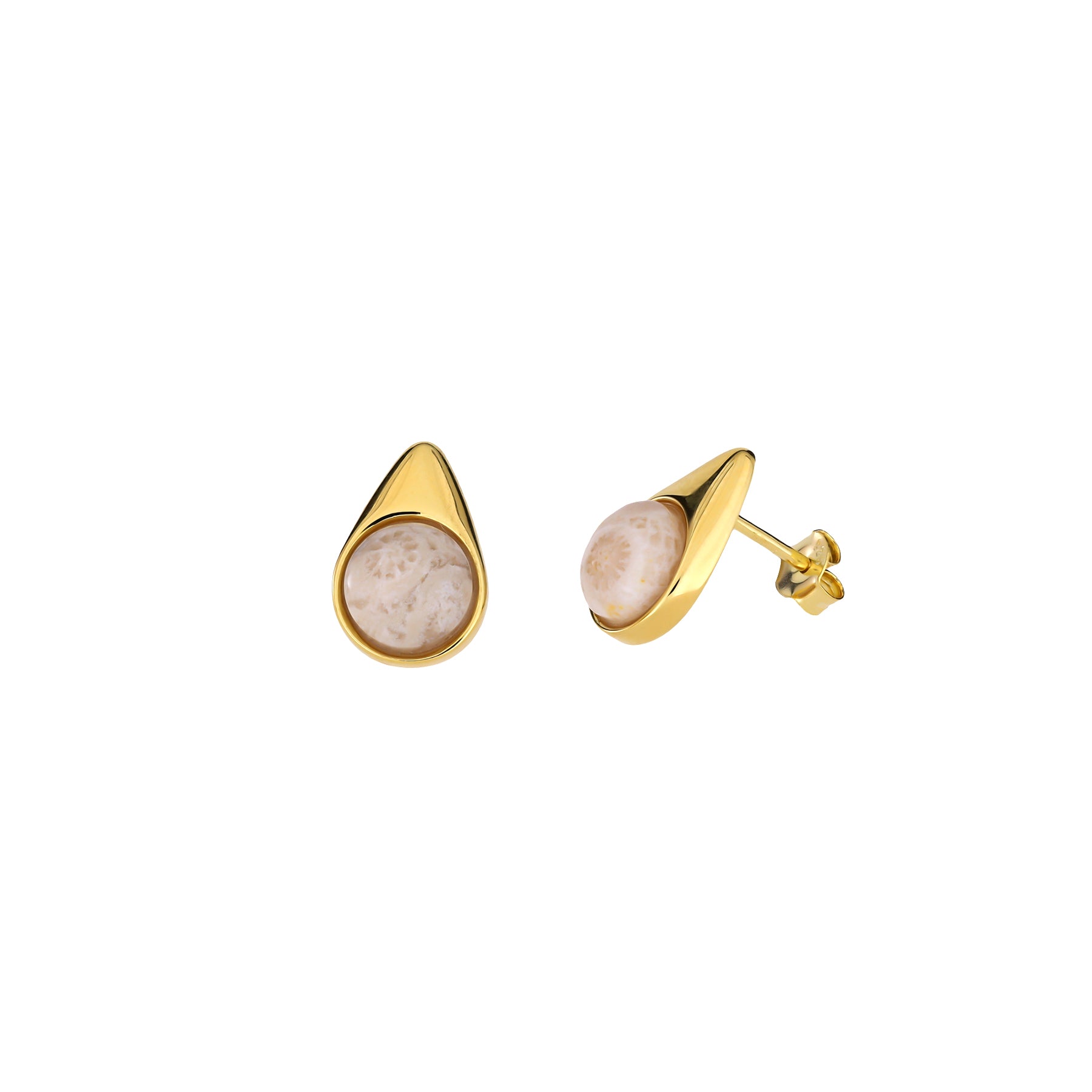 Pair of gold vermeil stud earrings featuring smooth coral agate stones set in teardrop-shaped frames, showcasing elegant contemporary silver jewellery design.
