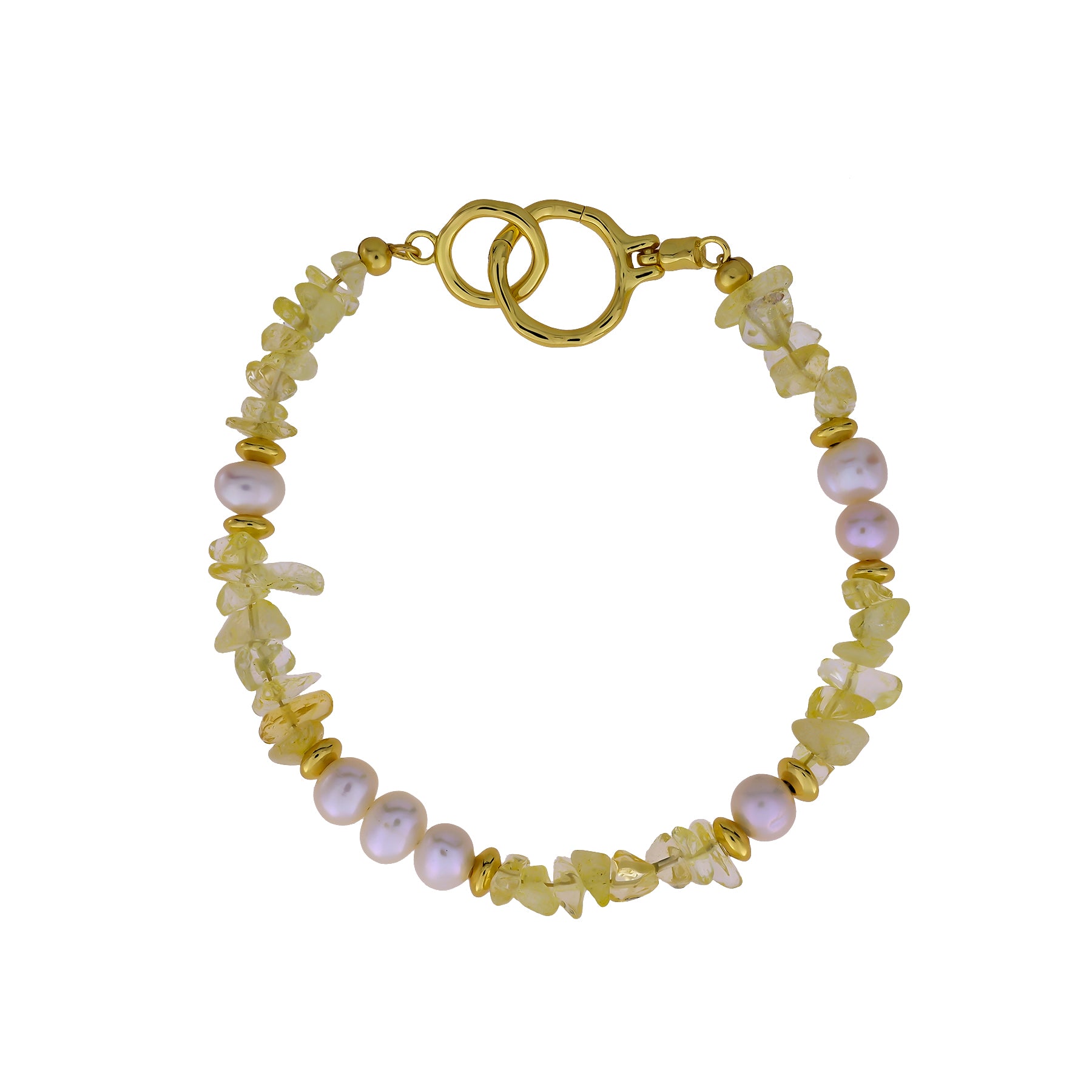 Delicate gold vermeil bracelet featuring irregular citrine stones and lustrous freshwater pearls, secured with a polished interlocking clasp for an elegant finish.