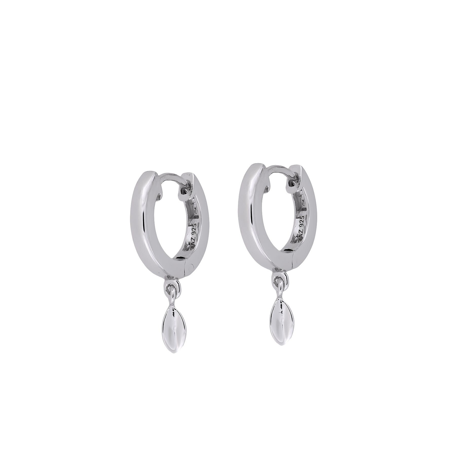 Pair of sterling silver hinged hoop earrings featuring delicate dangling leaf charms, showcasing a refined and sculptural design from Azendi’s contemporary silver jewellery collection.