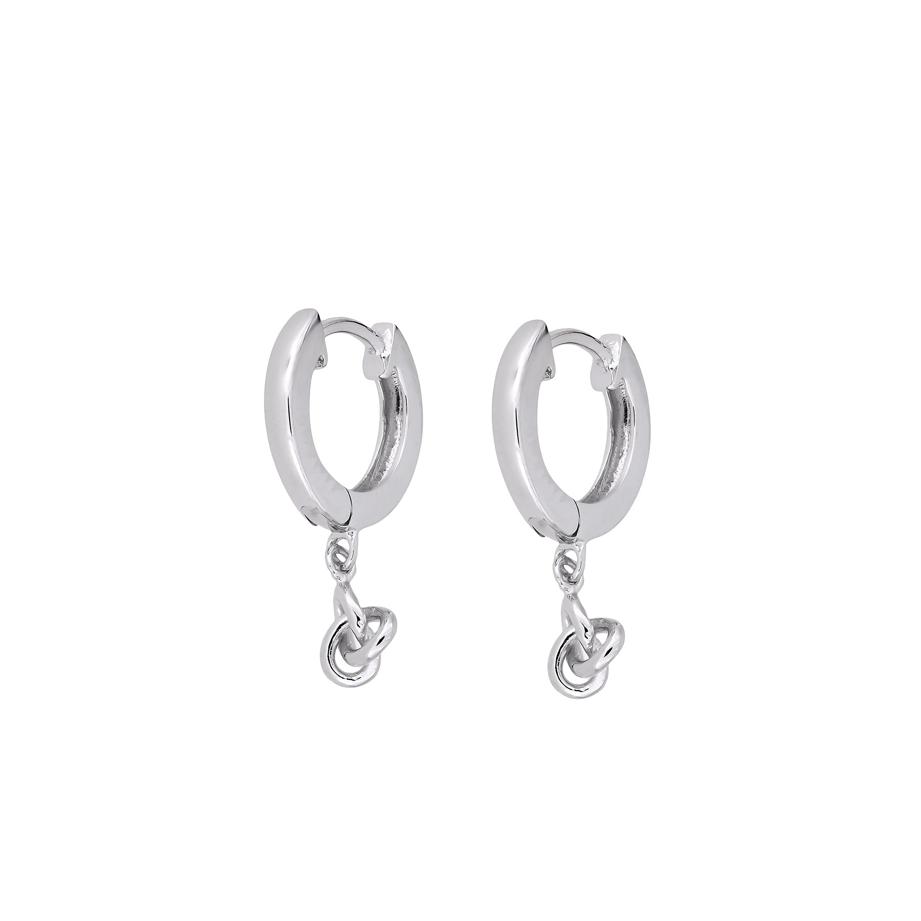 Pair of sterling silver hinged hoop earrings featuring delicate knot charms suspended for a refined and sculptural effect, reflecting Azendi’s modern British design.