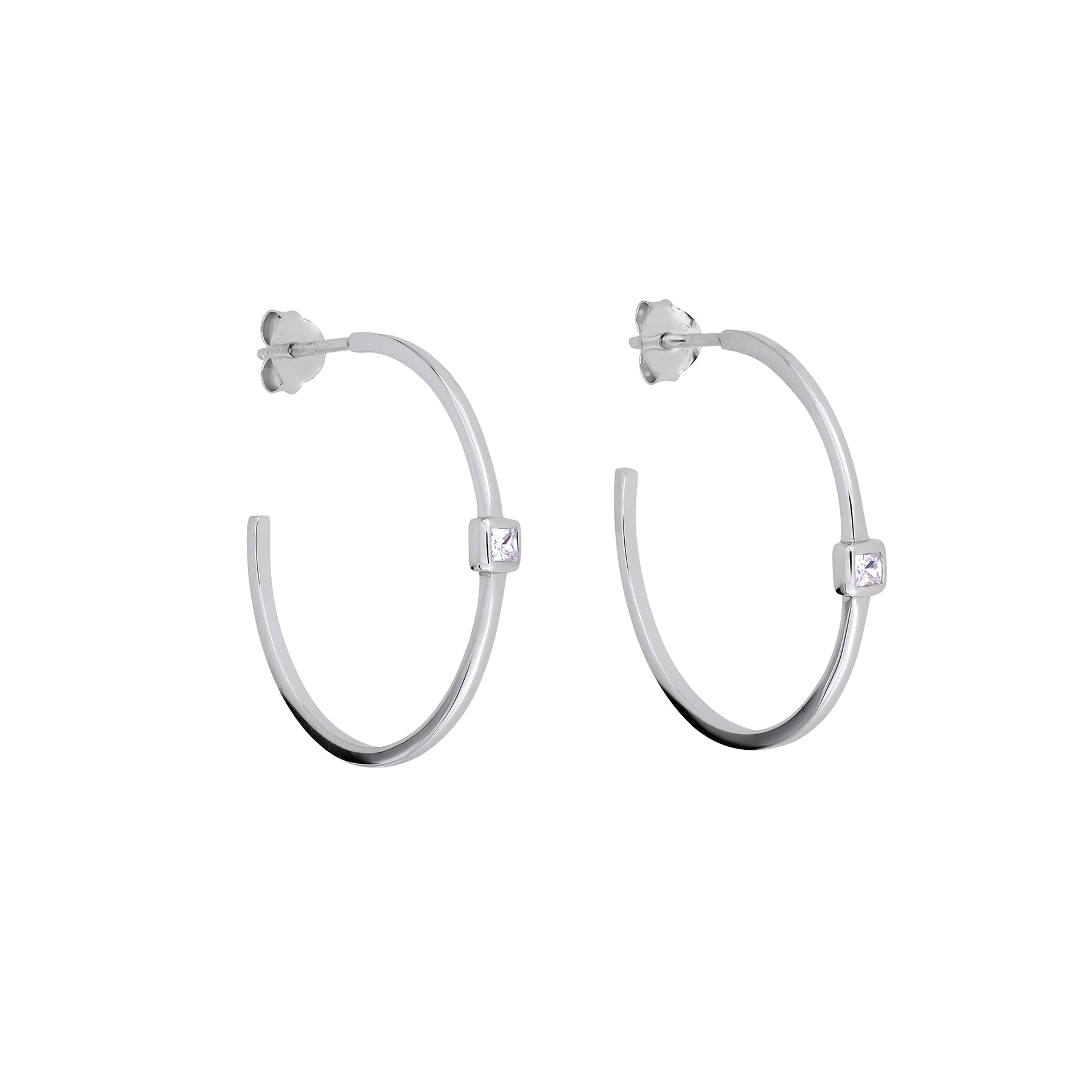Pair of sterling silver hoop earrings featuring sleek square edges accented with single bezel-set cubic zirconia stones for a refined, contemporary look.
