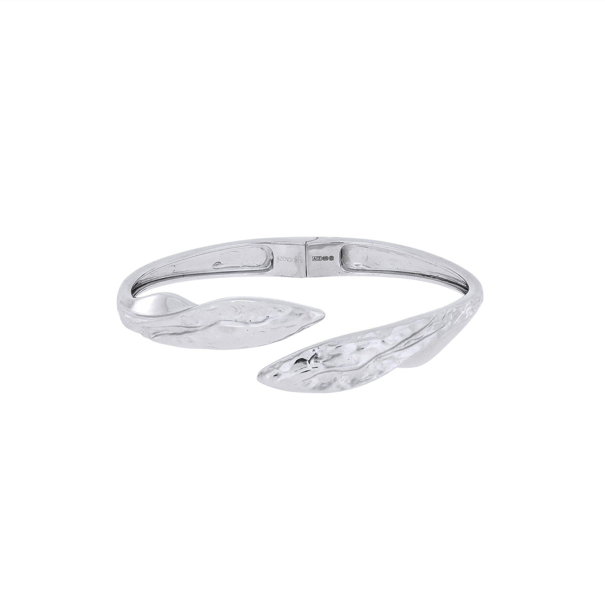 Curved sterling silver hinged bangle featuring a textured and polished finish with sculptural leaf-shaped ends, exemplifying refined contemporary silver jewellery by Azendi.