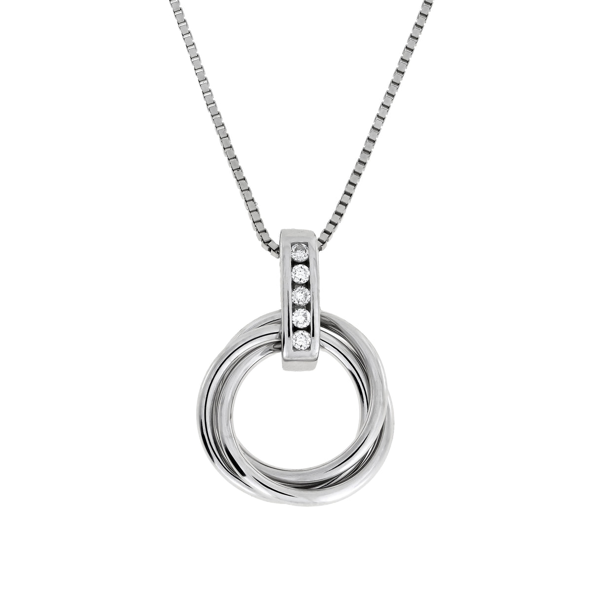 Sterling silver pendant featuring an intertwined love knot design accented with lab-grown diamonds on a delicate chain, showcasing refined British silver jewellery.