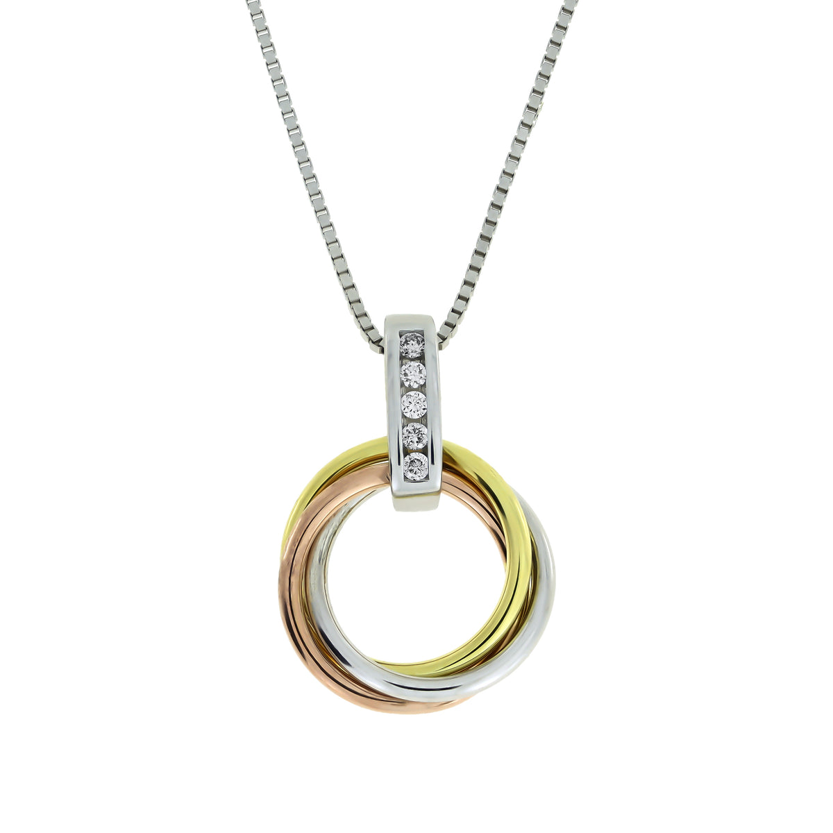 Mixed vermeil pendant with intertwined love knot circles accented by lab-grown diamonds, suspended from a fine chain for a sculptural and elegant silver jewellery statement.