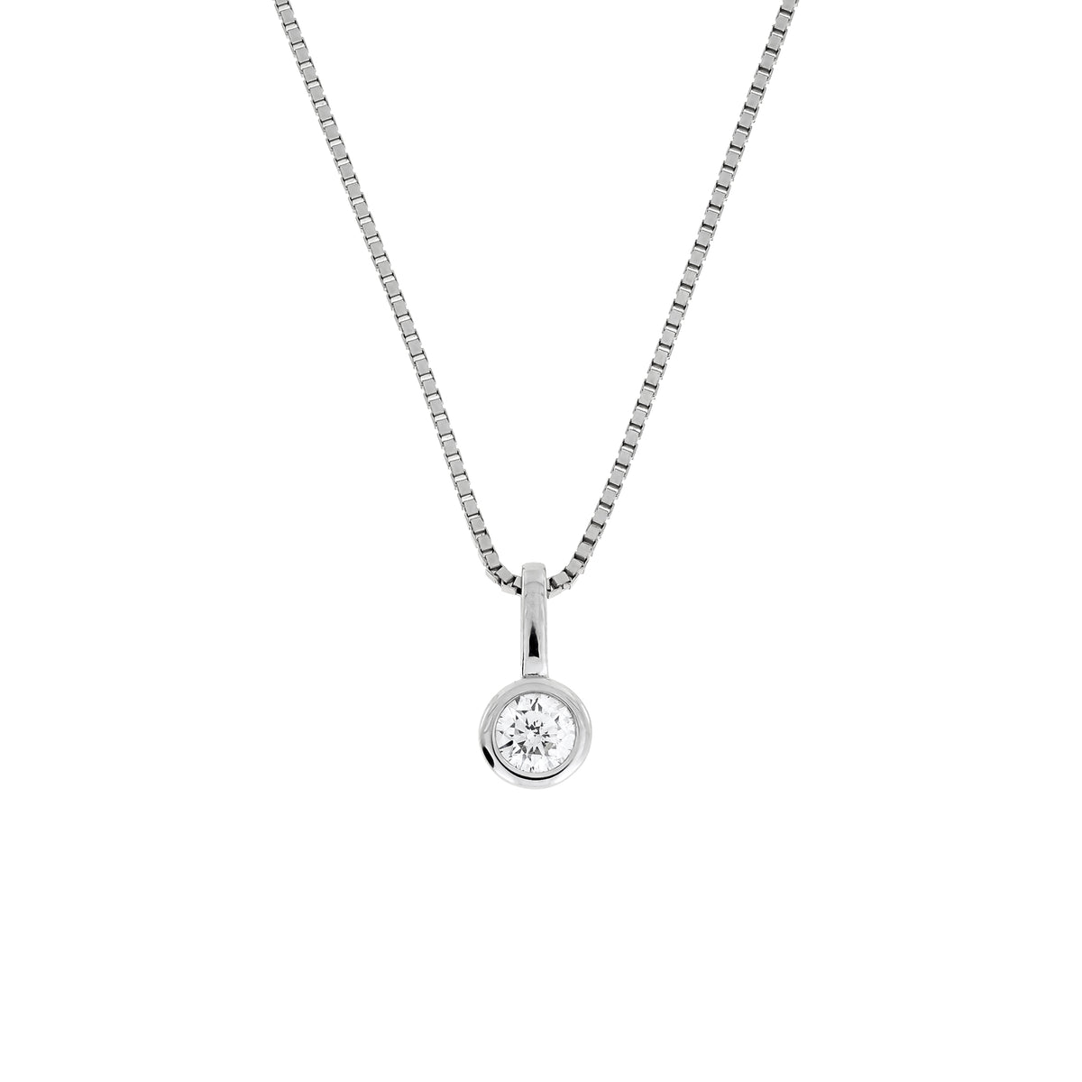 Sterling silver pendant necklace featuring a single 0.15 carat lab grown diamond solitaire suspended from a fine box chain, showcasing elegant and timeless craftsmanship.