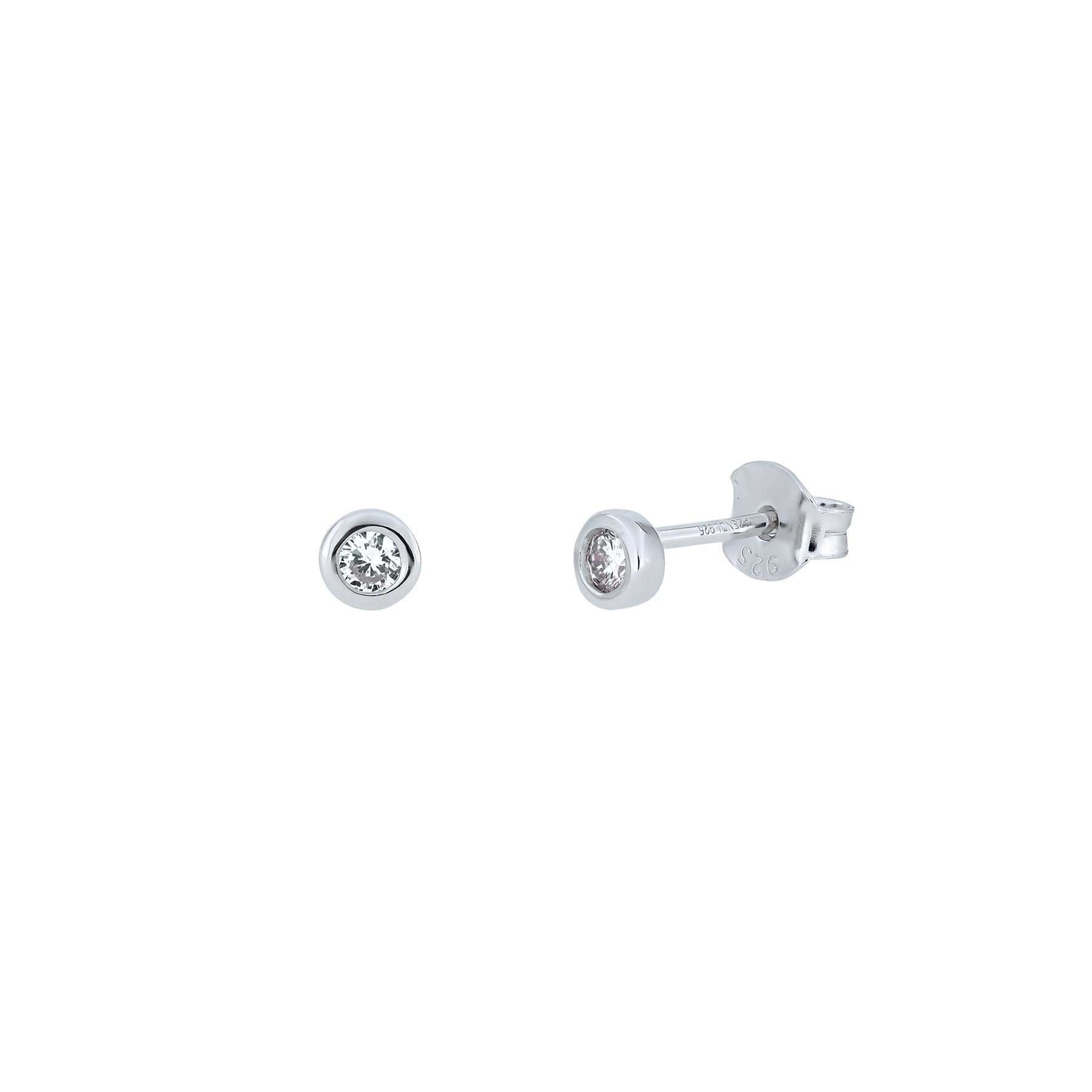 Pair of sterling silver solitaire stud earrings featuring 0.15 carat bezel-set lab grown diamonds with a polished finish, exemplifying refined minimalism.