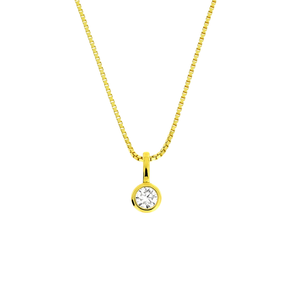 Elegant gold vermeil pendant necklace featuring a single 0.15 carat lab grown diamond set in a bezel, suspended from a fine chain, exemplifying modern minimalism.