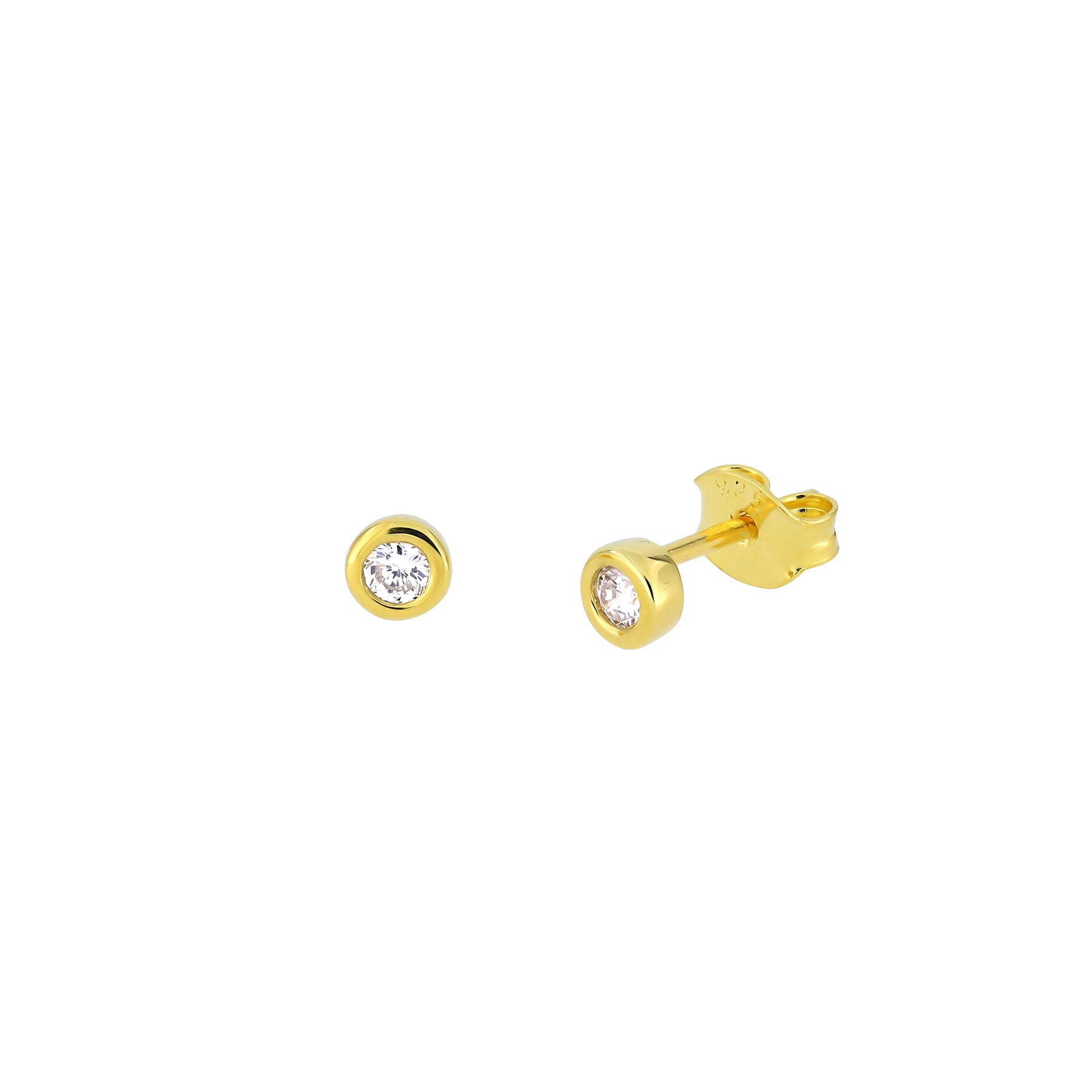 Pair of gold vermeil stud earrings featuring solitaire 0.15 carat lab grown diamonds set in polished round bezels, showcasing a classic and refined design.