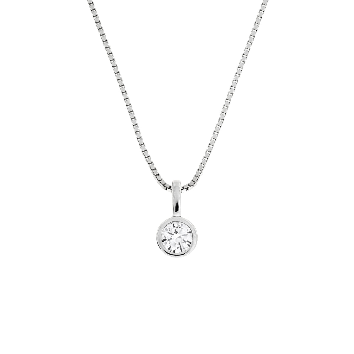 Sterling silver necklace featuring a bezel-set 0.25 carat lab grown diamond solitaire pendant suspended from a fine box chain, showcasing timeless elegance.
