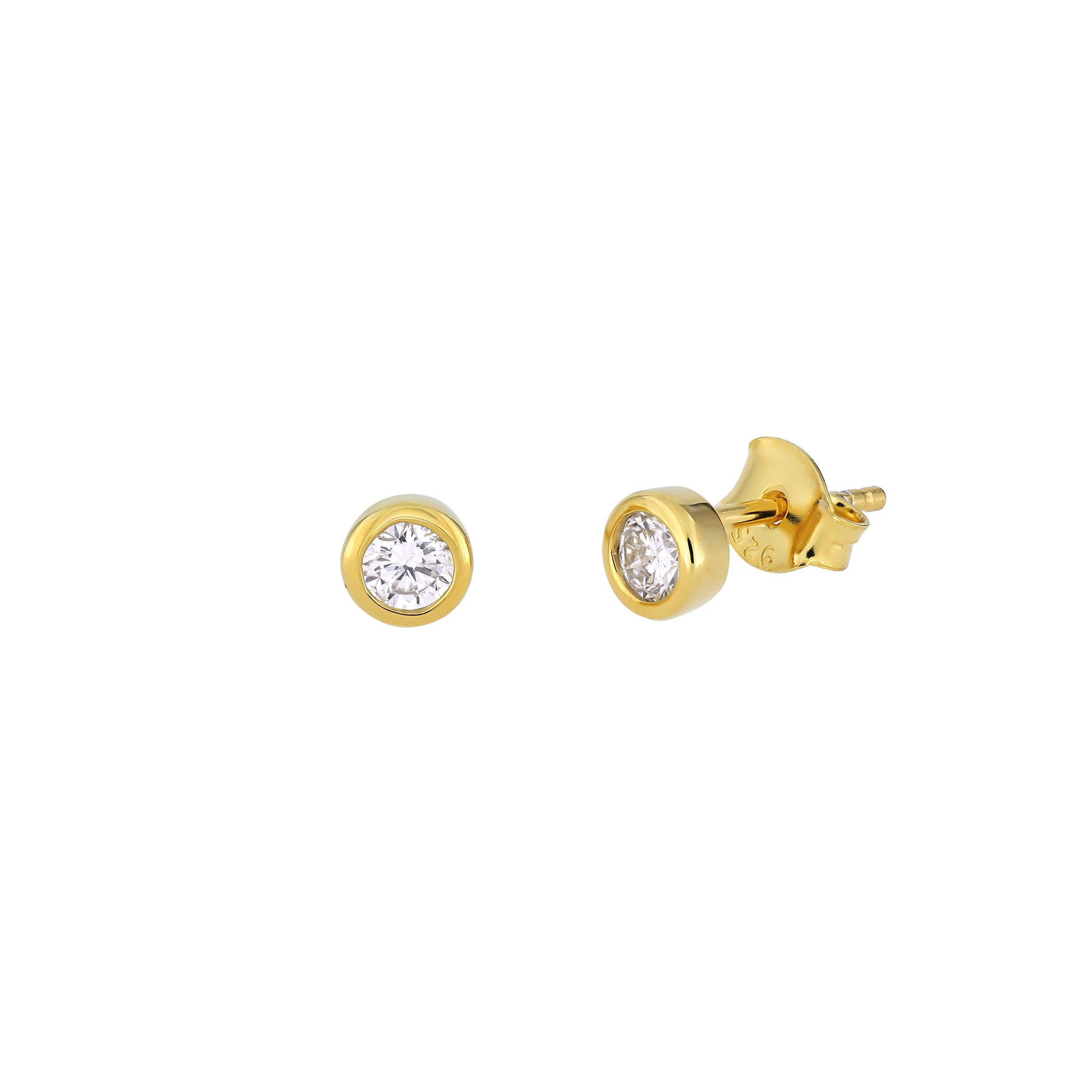 Pair of gold vermeil stud earrings featuring a single 0.30 carat lab grown diamond in a smooth bezel setting, showcasing refined and timeless silver jewellery design.