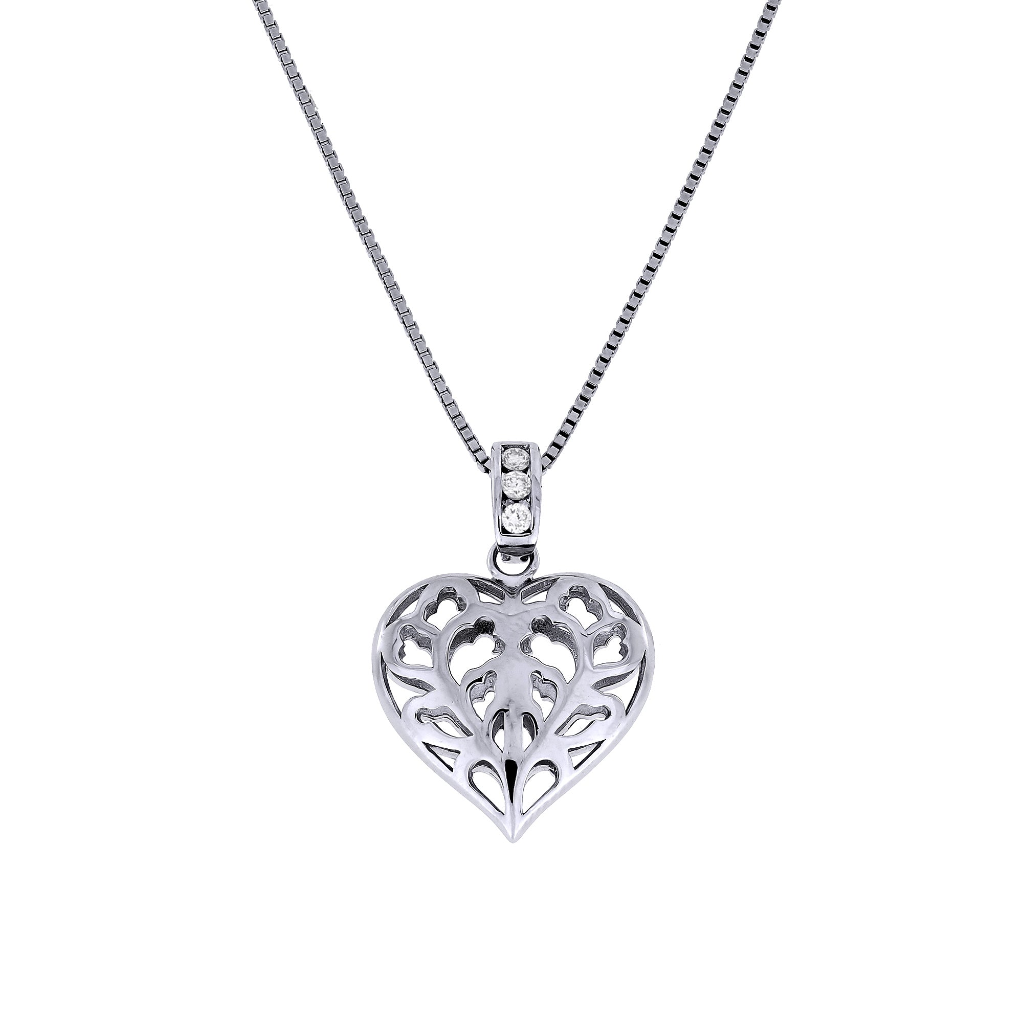 Lab grown diamond and sterling silver hanging heart pendant featuring delicate and intricate cut-out detailing, designed for elegant everyday wear.