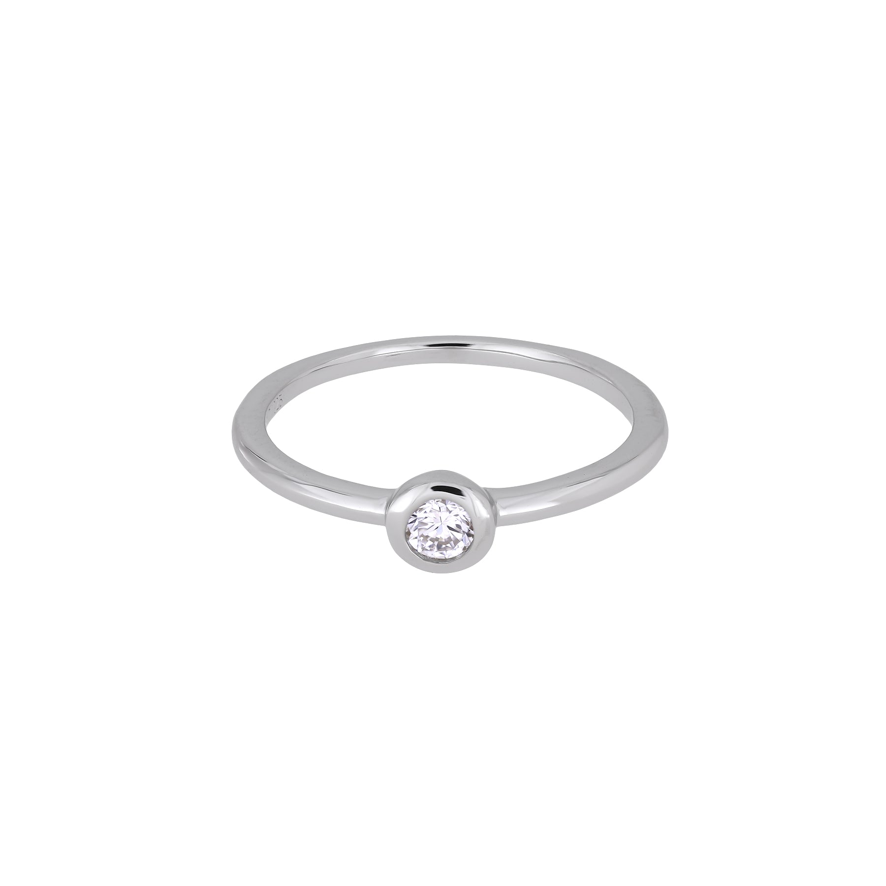 Minimalist sterling silver ring featuring a bezel-set lab grown diamond solitaire, showcasing a sleek and contemporary design from a British jeweller.