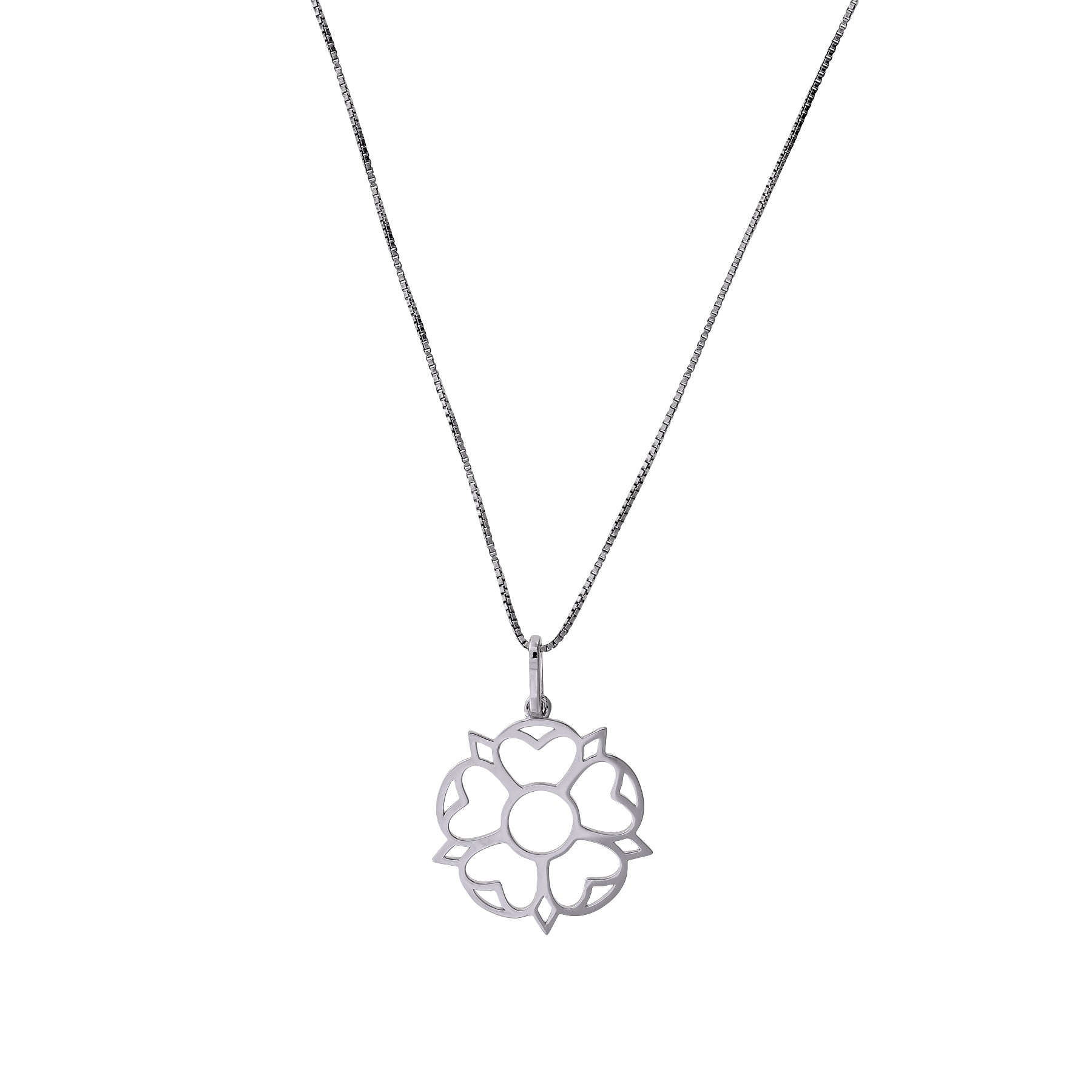 Sterling silver pendant featuring a delicate Yorkshire Rose motif with clean lines, suspended from a fine chain for a refined and contemporary silver jewellery statement.