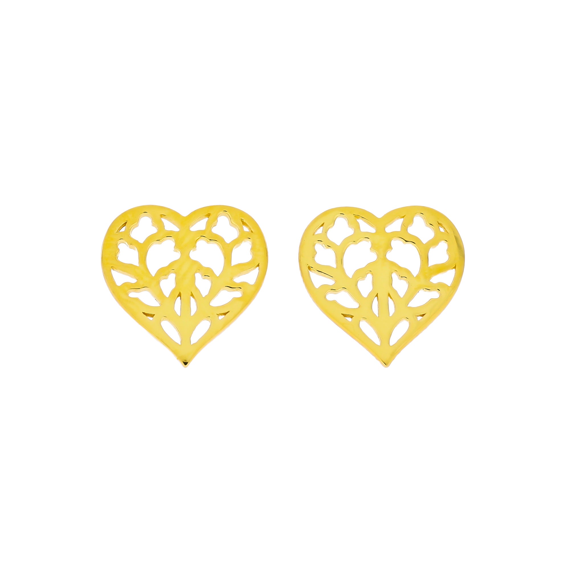 Pair of gold vermeil heart-shaped stud earrings with intricate cut-out detailing, crafted in a sculptural style, showcasing fine craftsmanship and elegant design.
