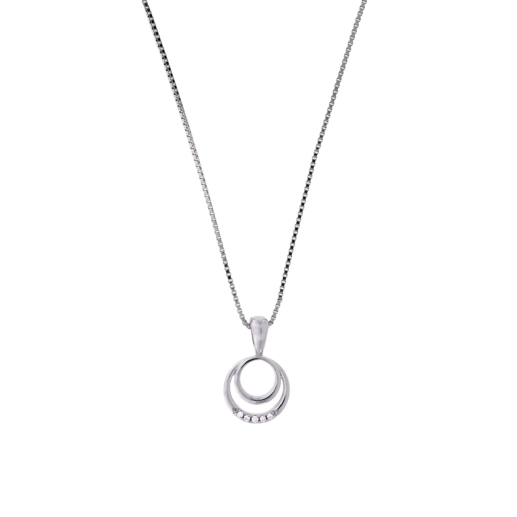 Sterling silver pendant necklace featuring two interlocking circular shapes with a row of sparkling lab-grown diamonds, suspended from a fine box chain.