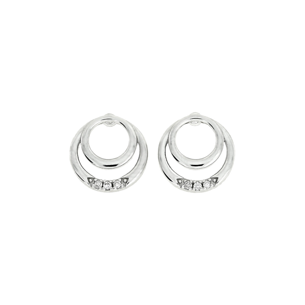 Sterling silver stud earrings featuring two interlocking circular frames accented with three small lab grown diamonds, offering a minimalist and modern design.