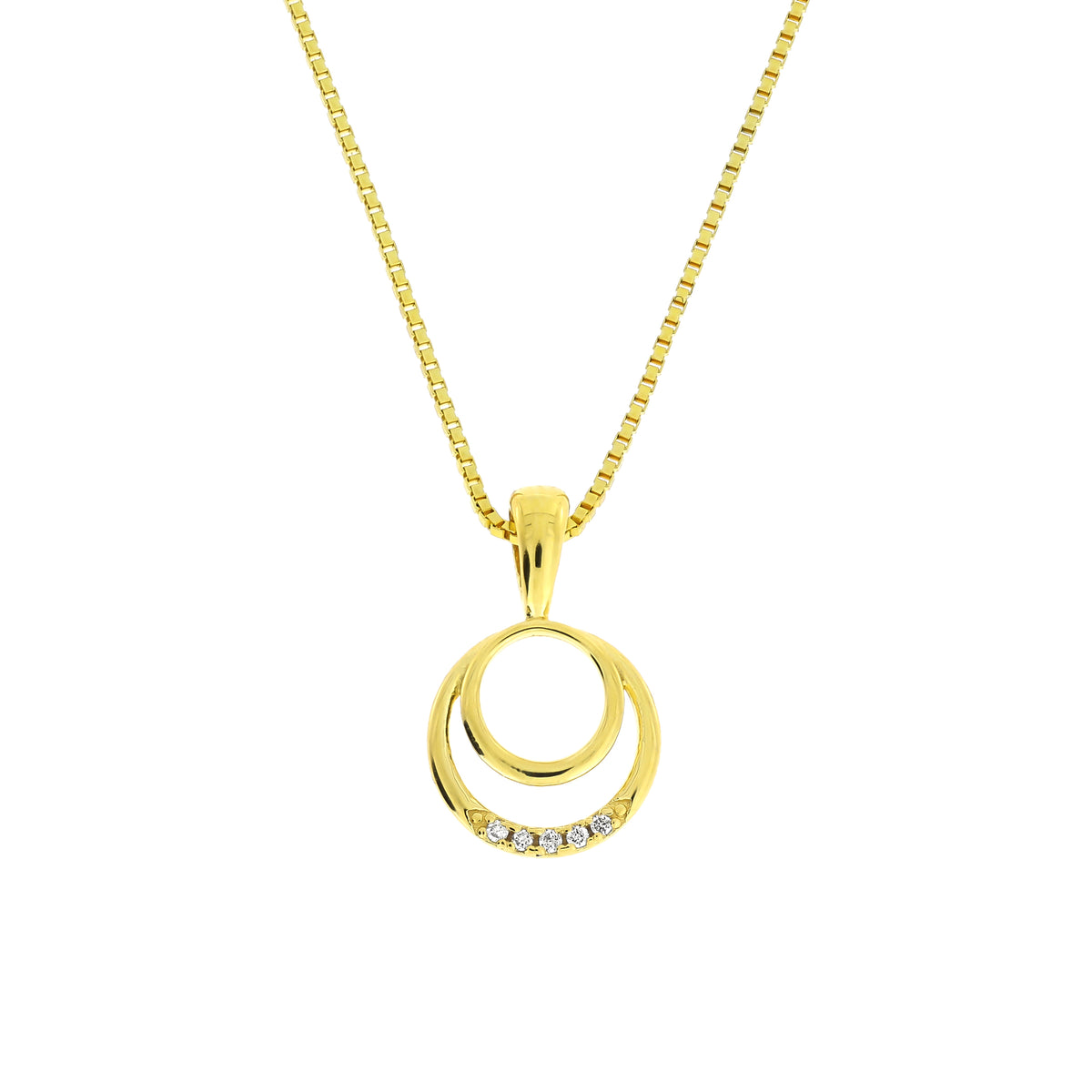 Delicate gold vermeil pendant necklace featuring two interlinked circles, adorned with sparkling lab grown diamonds along the lower arc, suspended from a fine chain.